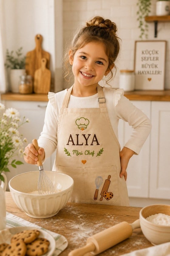 Kişiye Özel Nakışlı Çocuk Mutfak Önlüğü | Mini Chef İsimli %100 Pamuk Kanvas Önlük