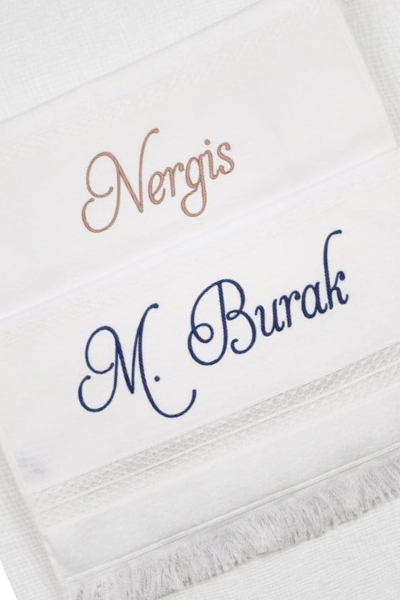 Kişiye Özel Nakışlı Gelin Damat Bohça Havlu Seti | İsim İşlemeli Beyaz Kadife Havlu (2'li)