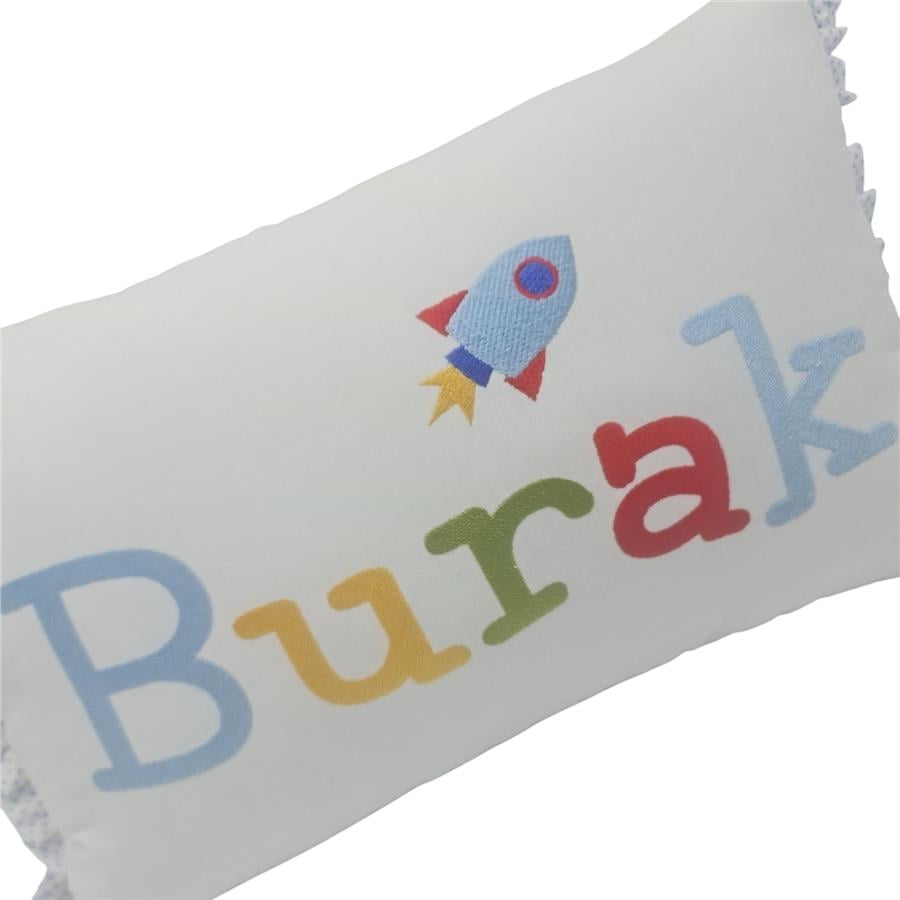 Kişiye Özel Nakışlı Roket Desenli Doğum Yastığı Beyaz 30x45 cm