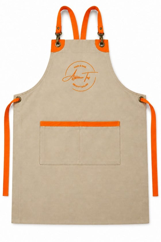 Logo Nakışlı Bej Kurumsal Önlük – Pamuk Duck Keten 60 × 80 cm