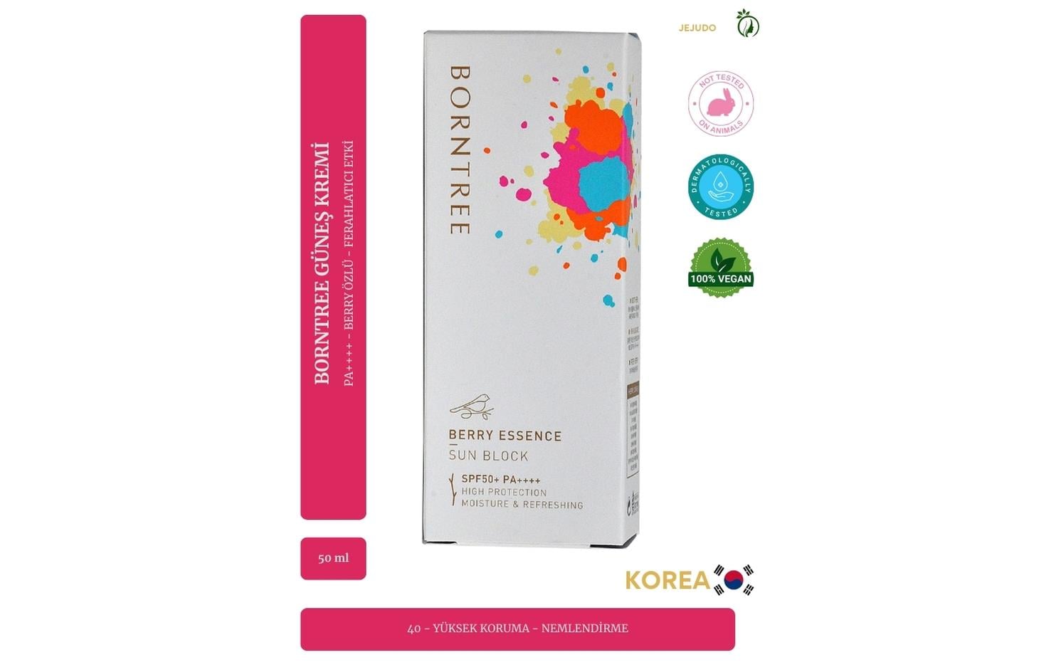 JEJUDO Borntree Berry Sun Block 50ml/spf50 Pa / Yaşlanma Ve Leke Karşıtı, Alerjen Içermeyen Güneş Kremi