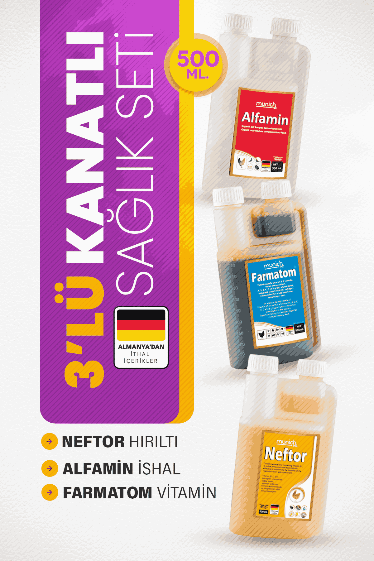 Munich Vet 3lü Kanatlı Seti 500 ml Neftor Hırıltı Alfamin İshal Farmatom Vitamin
