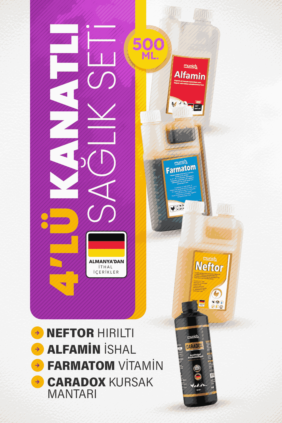 Munich Vet 4lü Kanatlı Set 500 ml Caradox Kursak Mantarı Neftor Hırıltı Alfamin İshal Farmatom Vitamin