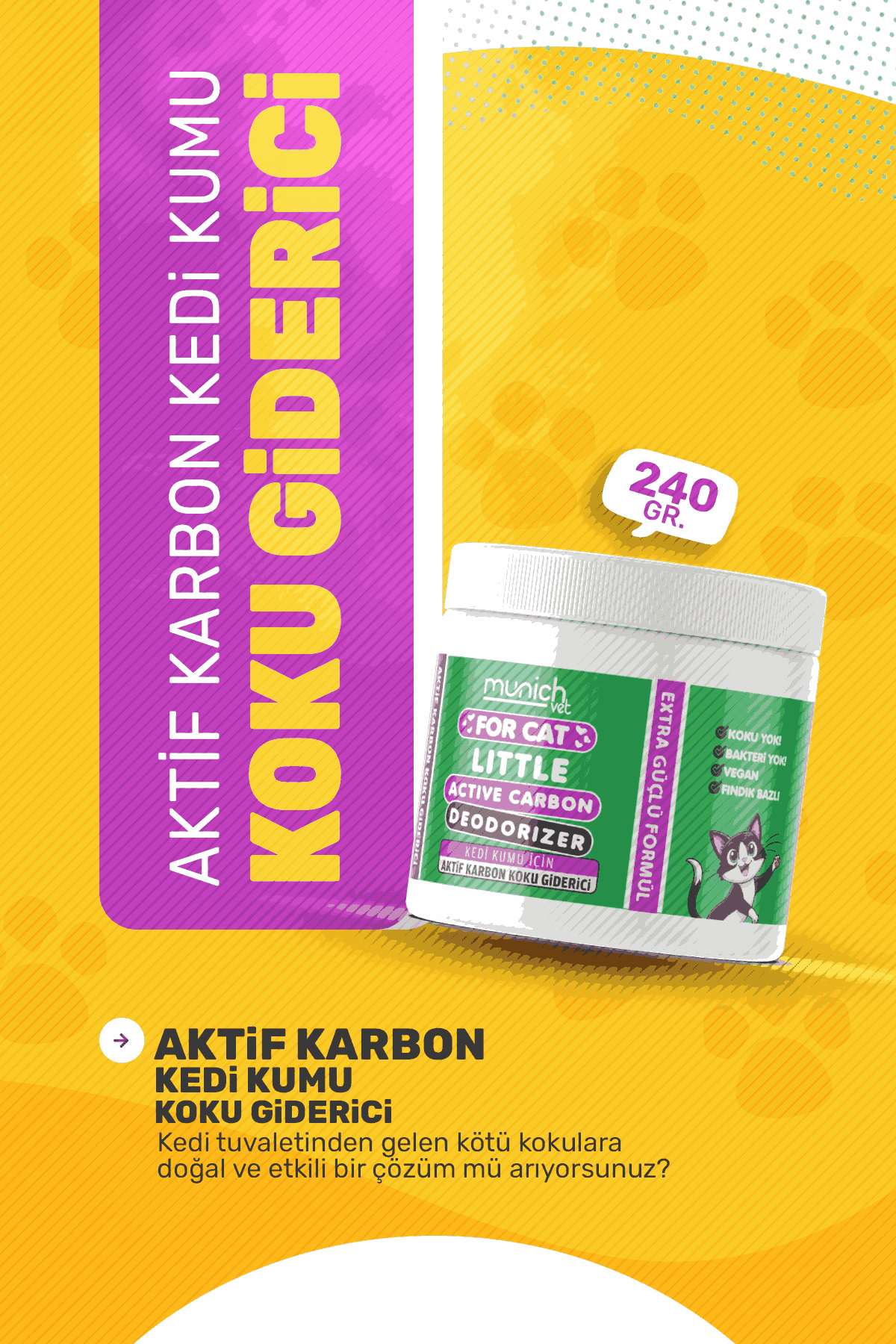 Munich Vet Aktif Karbon Kedi Kumu Koku Giderici 240 gr