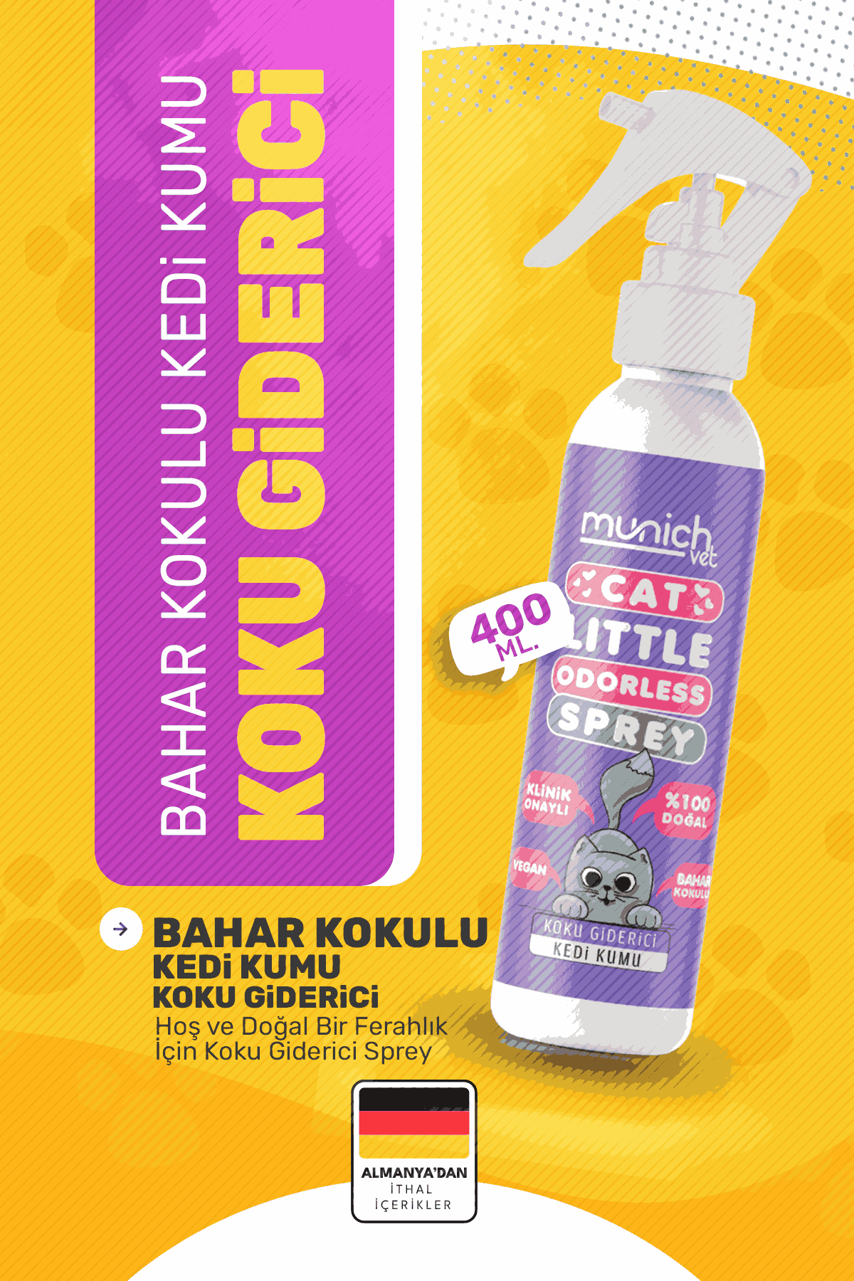 Munich Vet Doğal Bahar Kokulu Kedi Kumu Koku Giderici Sprey 400 ml