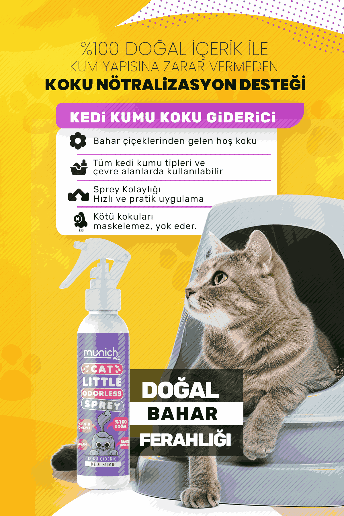 Munich Vet Doğal Bahar Kokulu Kedi Kumu Koku Giderici Sprey 400 ml