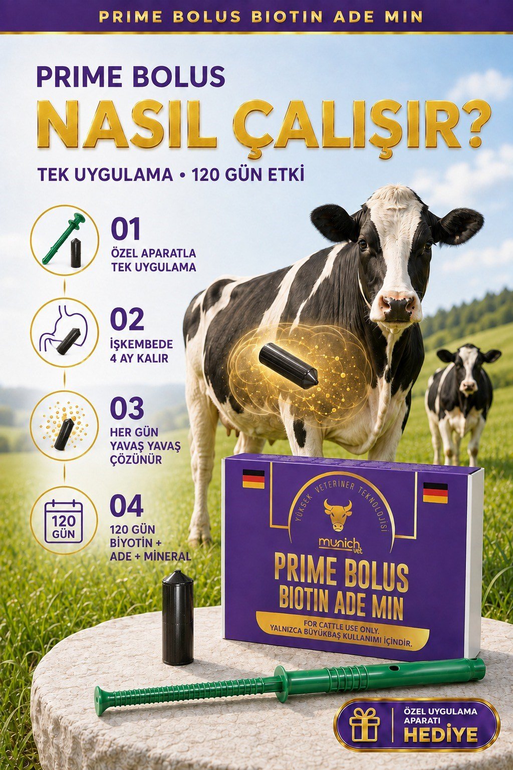 Munich Vet Prime Biotin Bolus ADE VİT MİN 107 Gr. 12 Adet Yutturma Aparatı HEDİYE