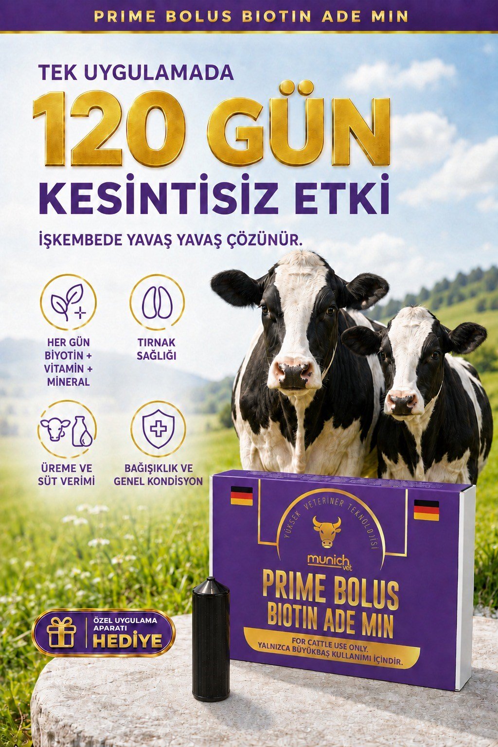 Munich Vet Prime Biotin Bolus ADE VİT MİN 107 Gr. 12 Adet Yutturma Aparatı HEDİYE