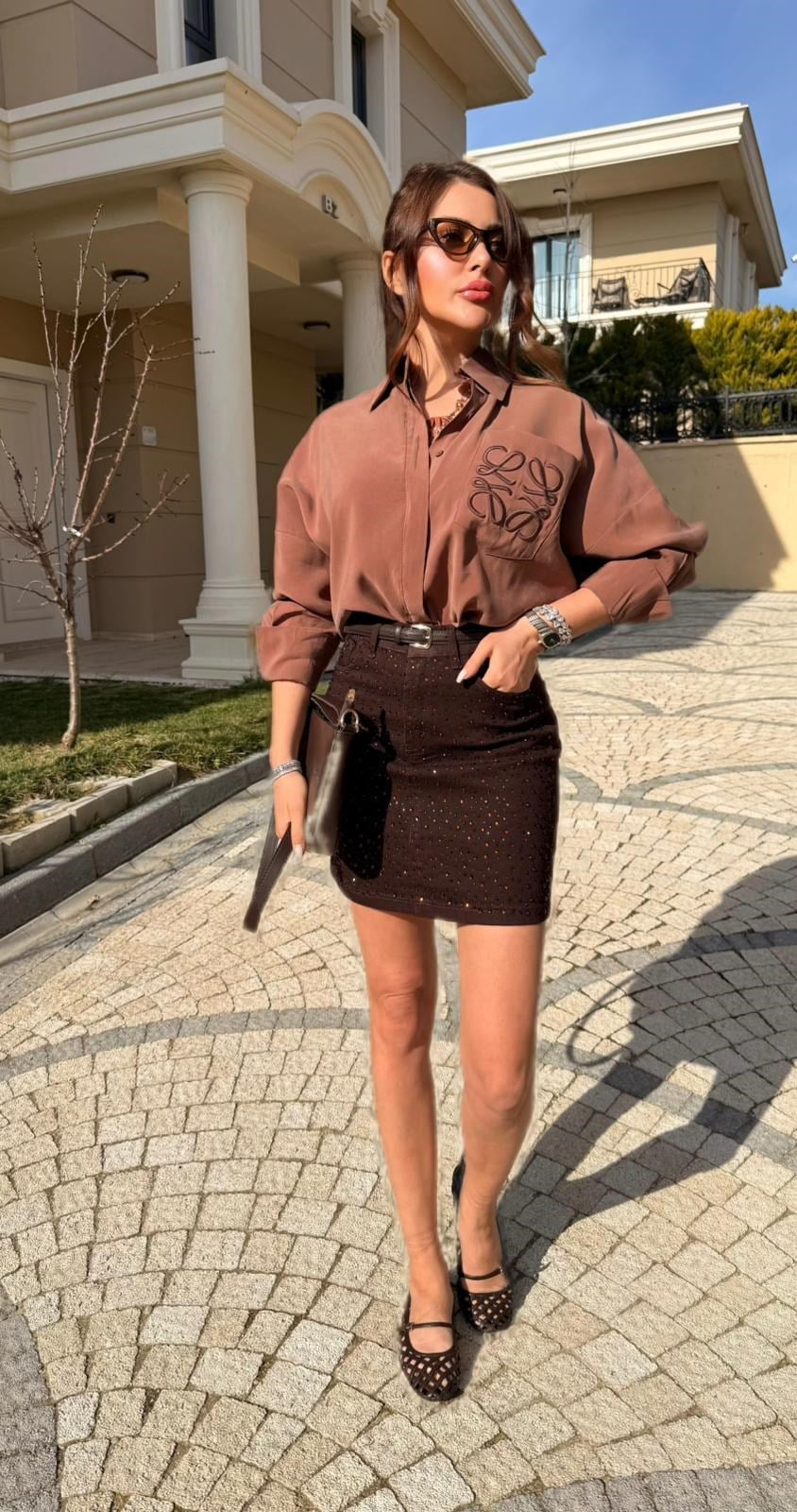 Kahve Taşlı Kot Etek