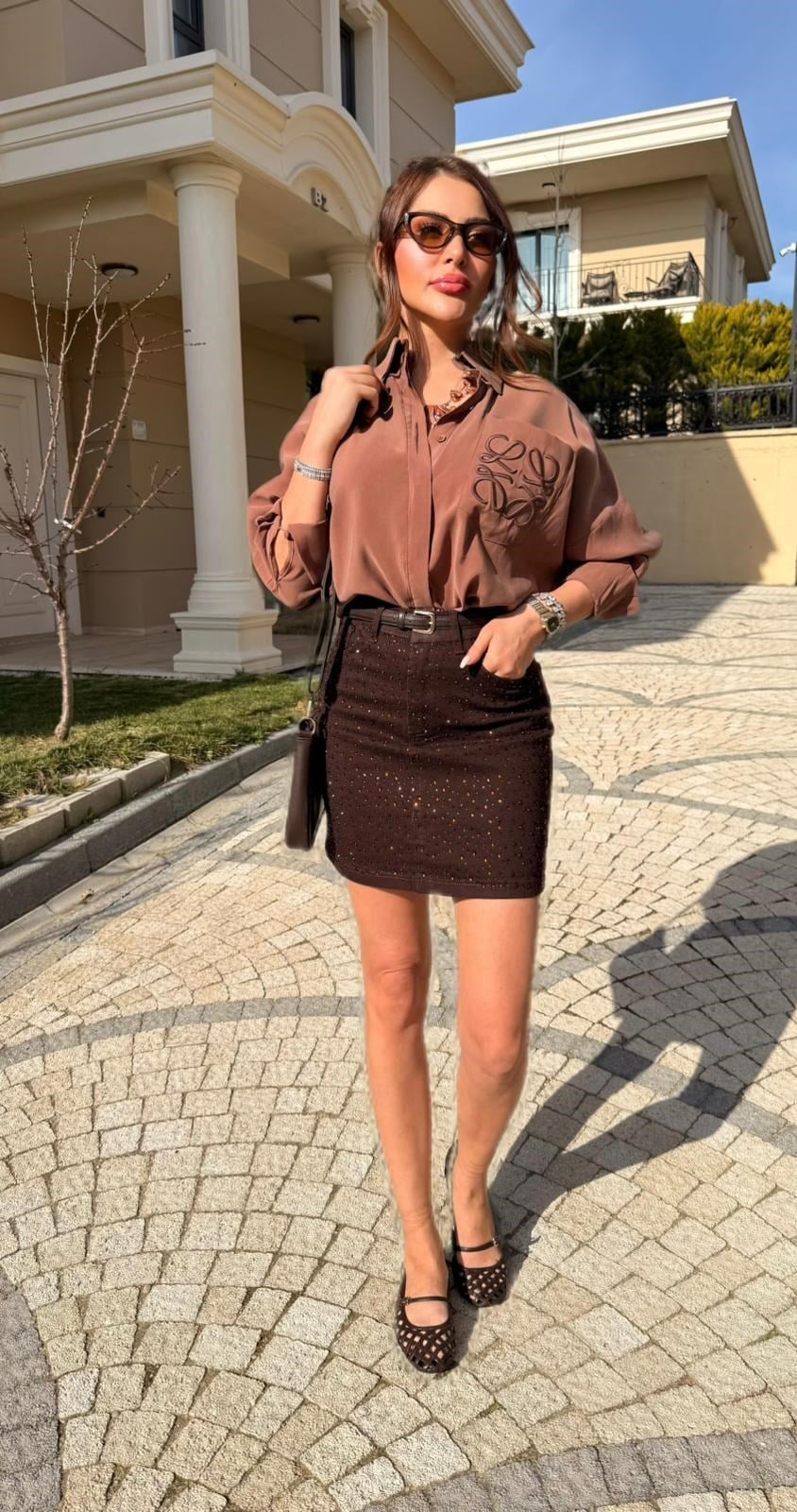 Kahve Taşlı Kot Etek