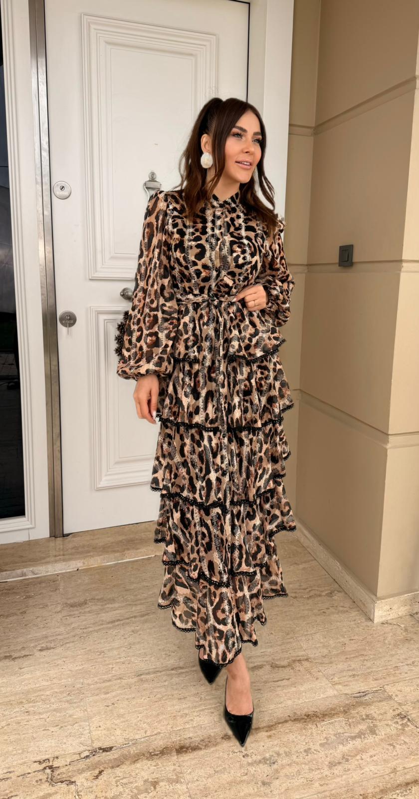 Leopar Desen Katlı Paris Elbise