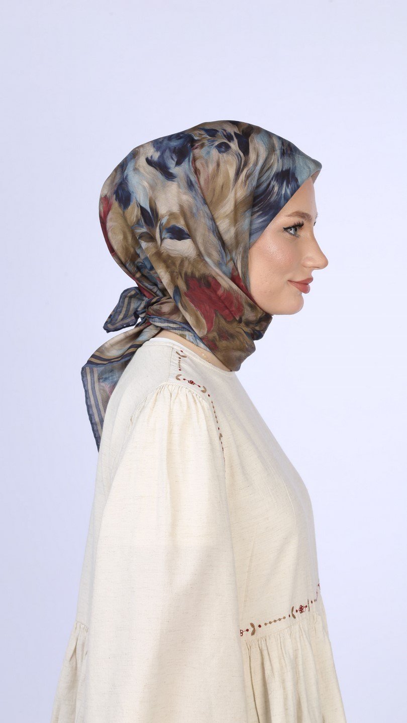 FLOWER FEATHER DESEN EŞARP LACİVERT