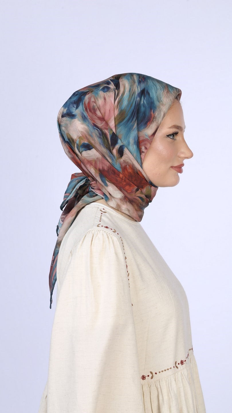 FLOWER FEATHER DESEN EŞARP MAVİ