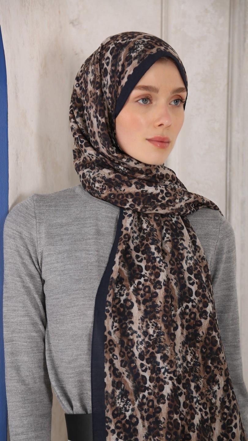 LEOPAR DESEN ŞAL LACİVERT