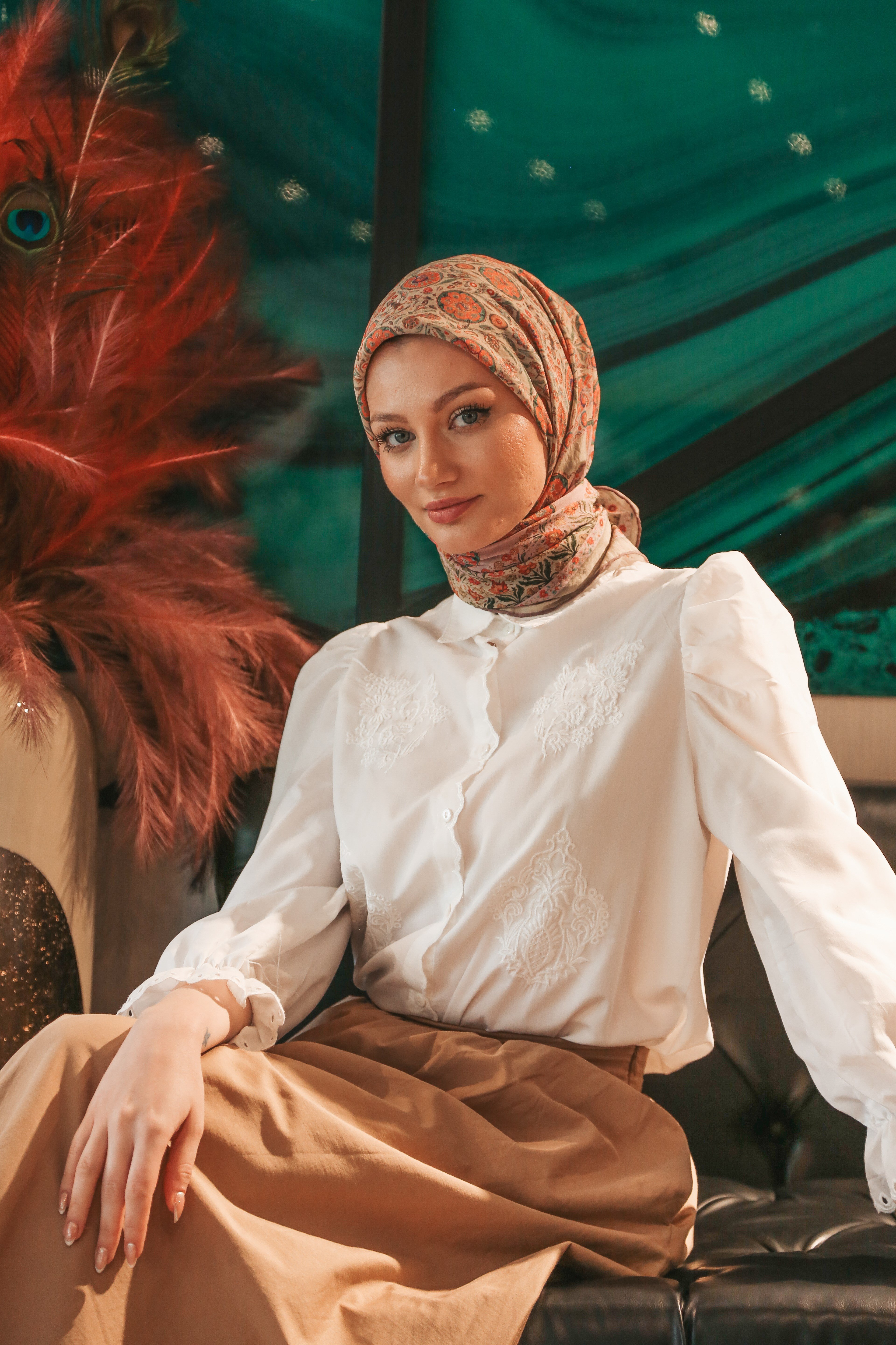 RETRO DESEN EŞARP AÇIK YEŞİL