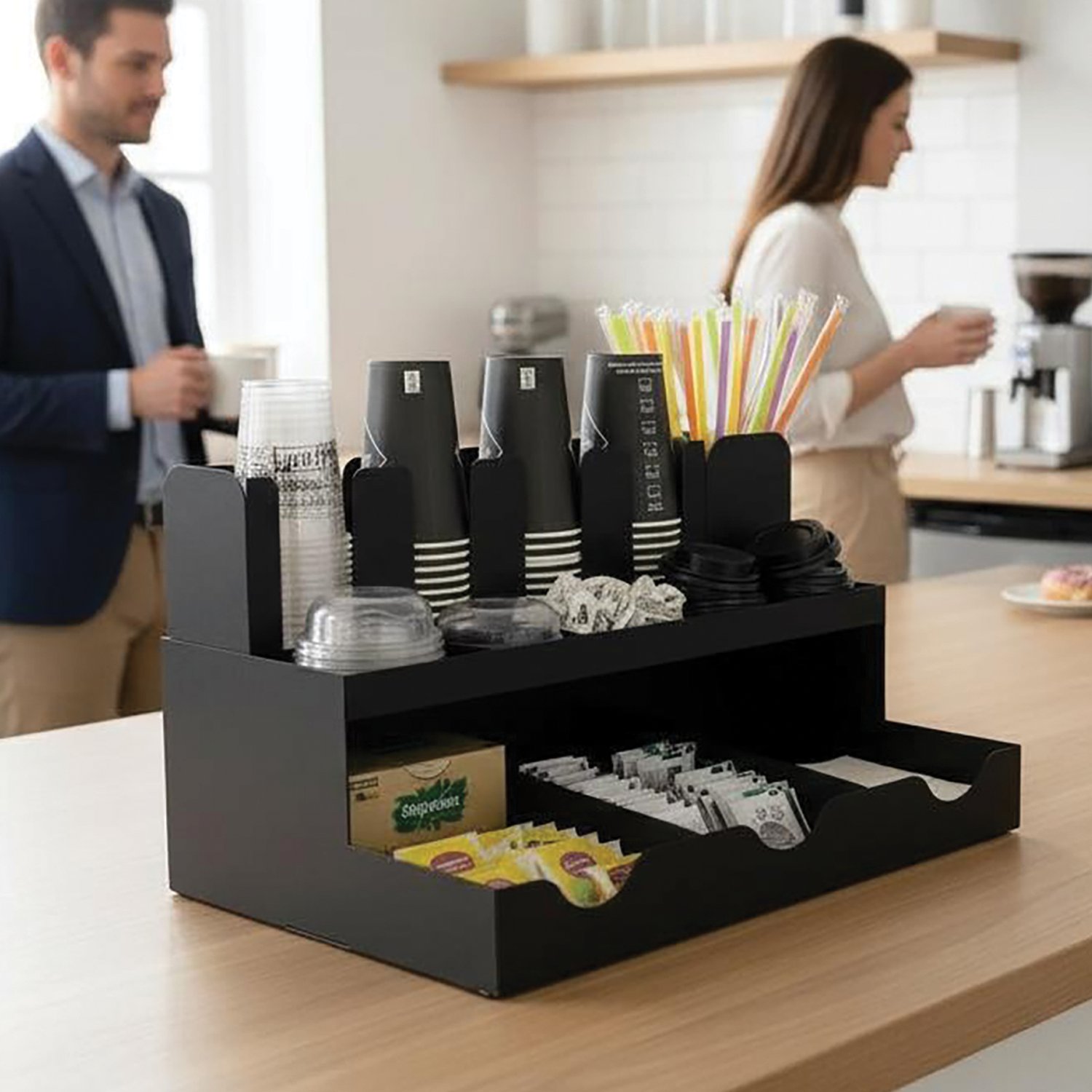 13 Bölmeli Bardaklıklı Self Servis Organizer Siyah