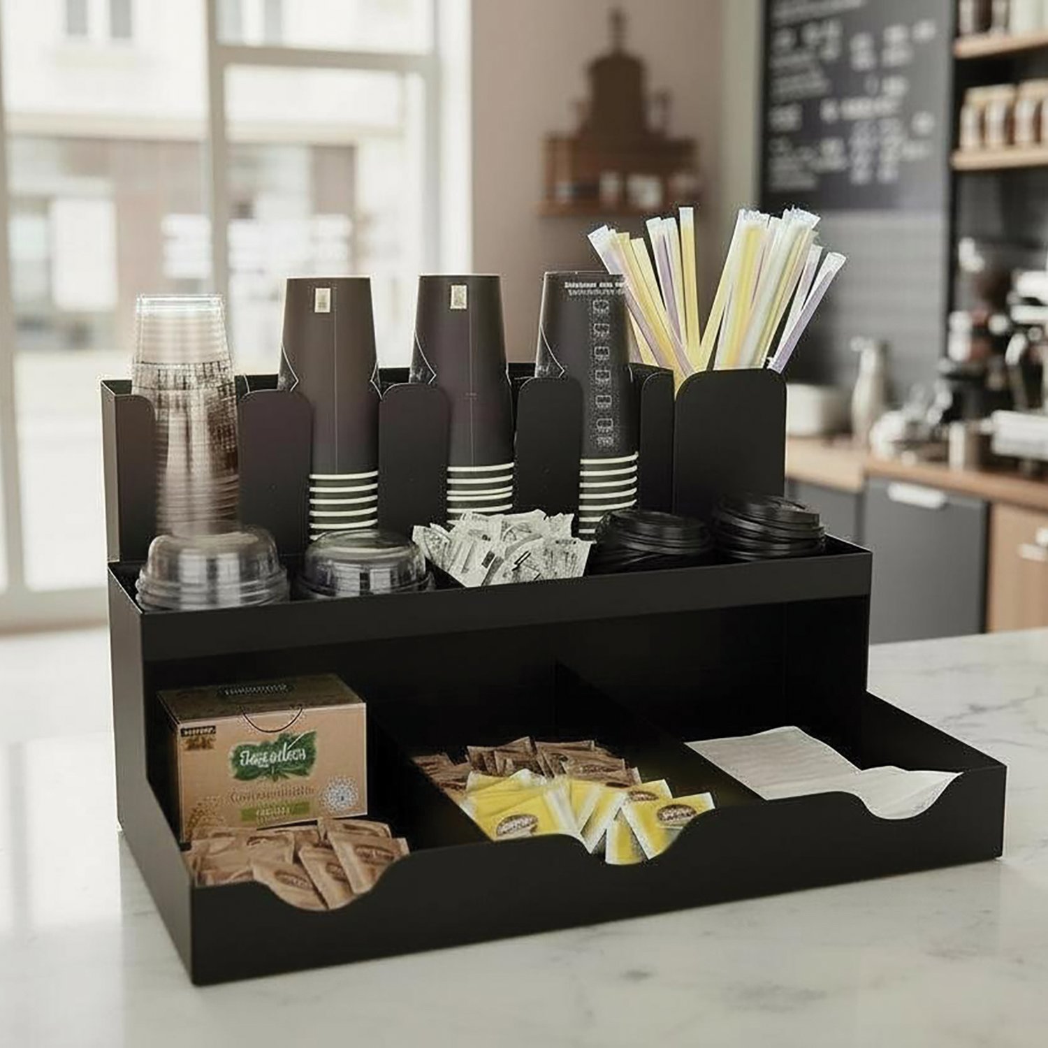 13 Bölmeli Bardaklıklı Self Servis Organizer Siyah