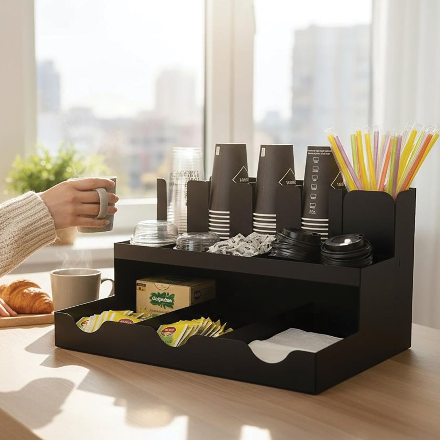 13 Bölmeli Bardaklıklı Self Servis Organizer Siyah