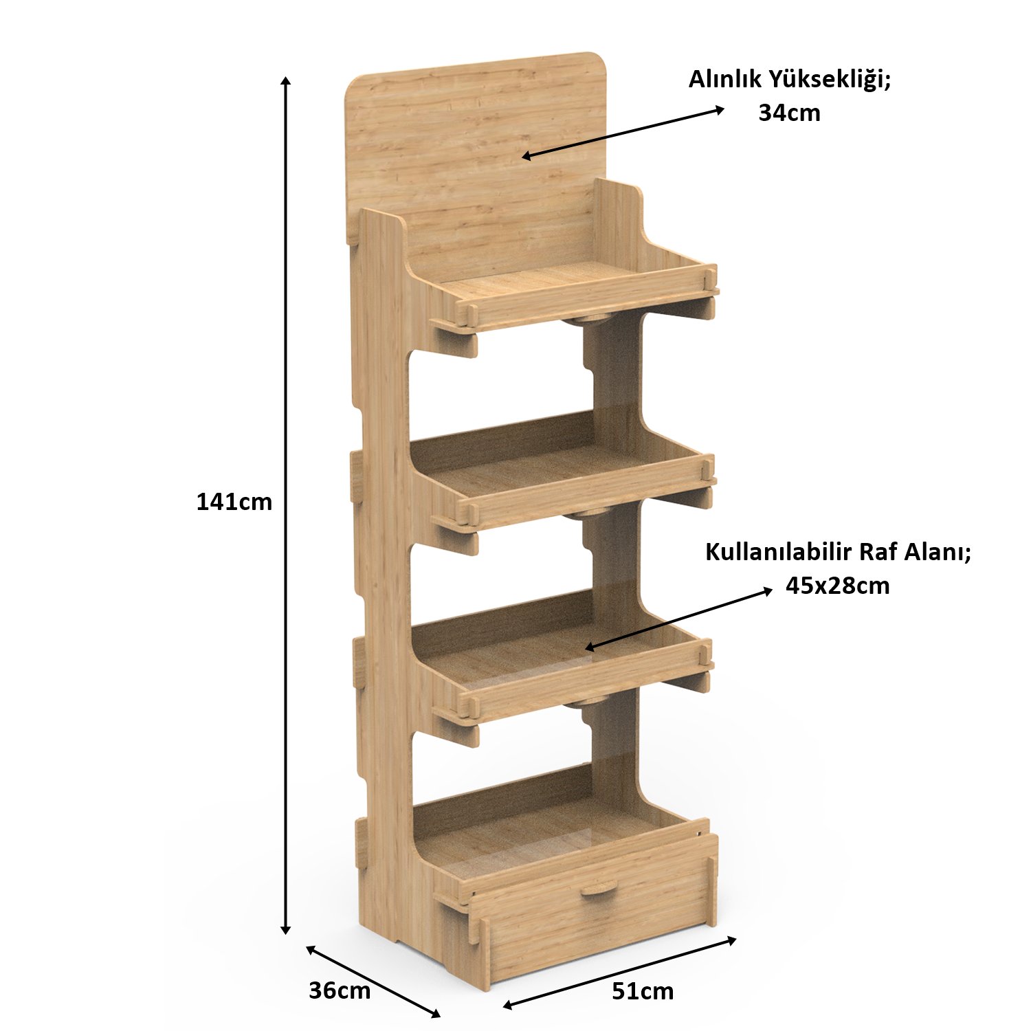 4 Raflı Ahşap MDF Geçme Teşhir Standı - 51x36x141 cm