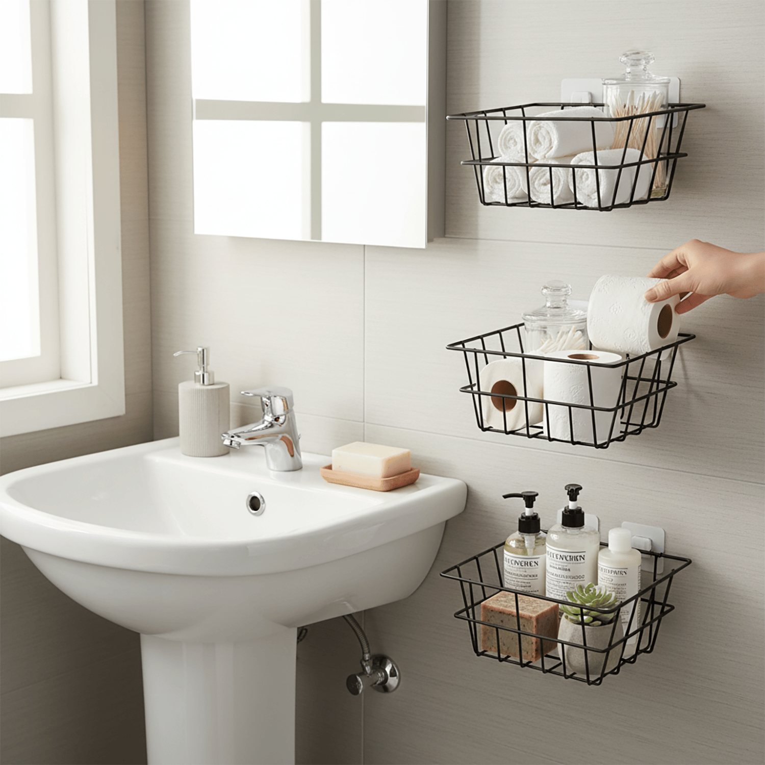 Decorelax 21x21 cm Yapışkanlı Duvar Sepeti 3'lü Set - Ekonomik Ev ve Ofis Düzenleyici Tel Sepet Kombini