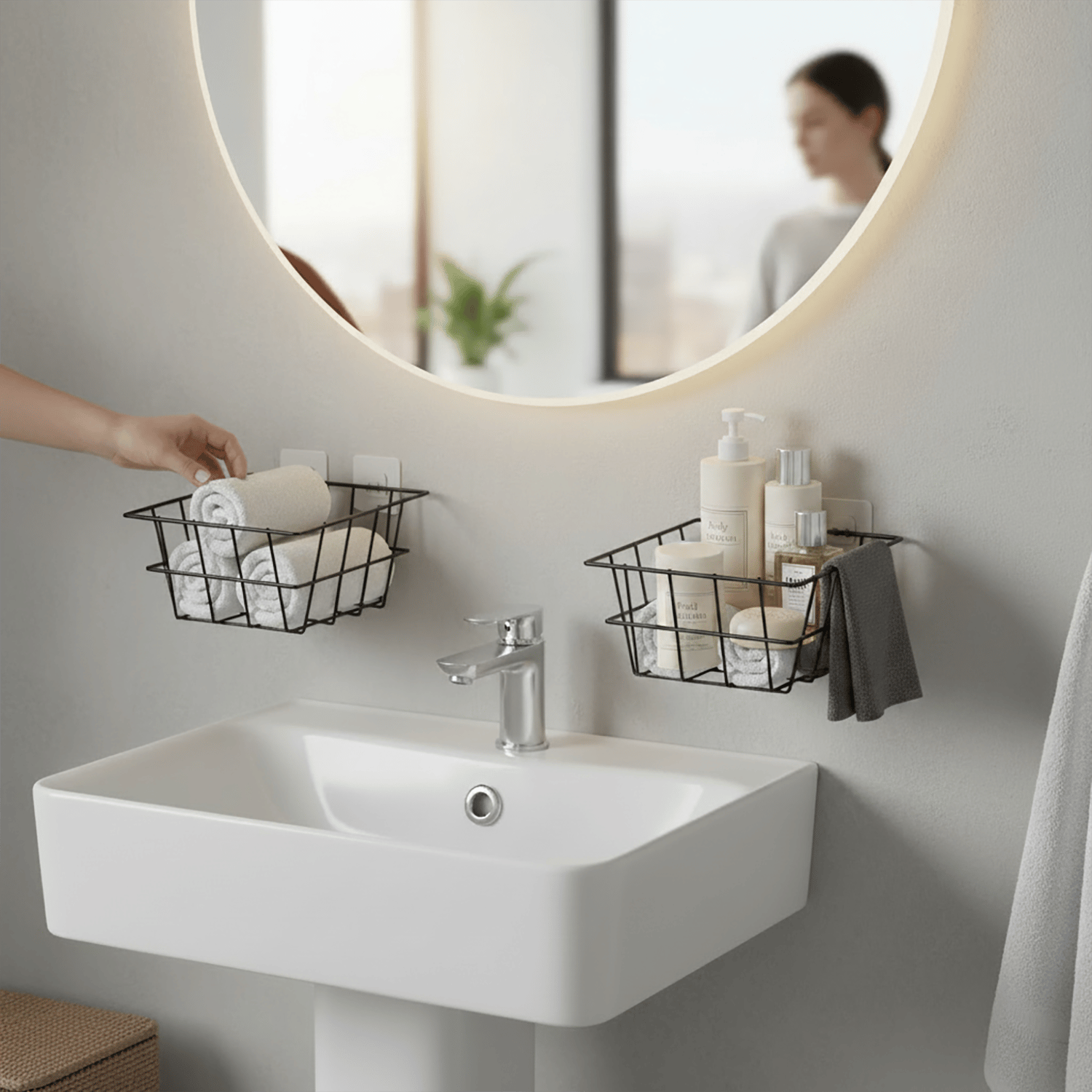 Decorelax 21x21 cm Yapışkanlı Duvar Sepeti 2'li Set - Çok Amaçlı Mutfak Banyo Organizer Avantaj Paketi