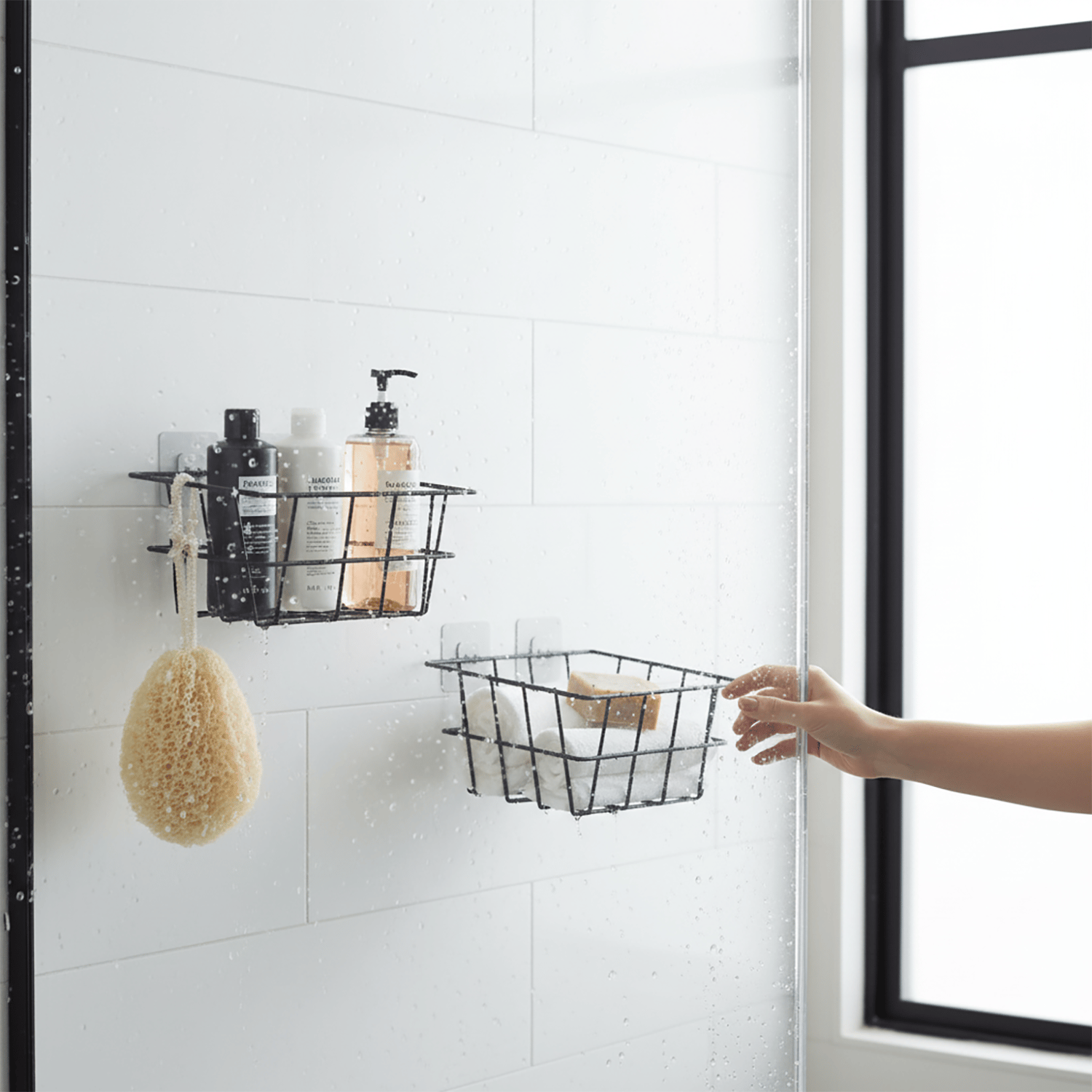 Decorelax 21x21 cm Yapışkanlı Duvar Sepeti 2'li Set - Çok Amaçlı Mutfak Banyo Organizer Avantaj Paketi