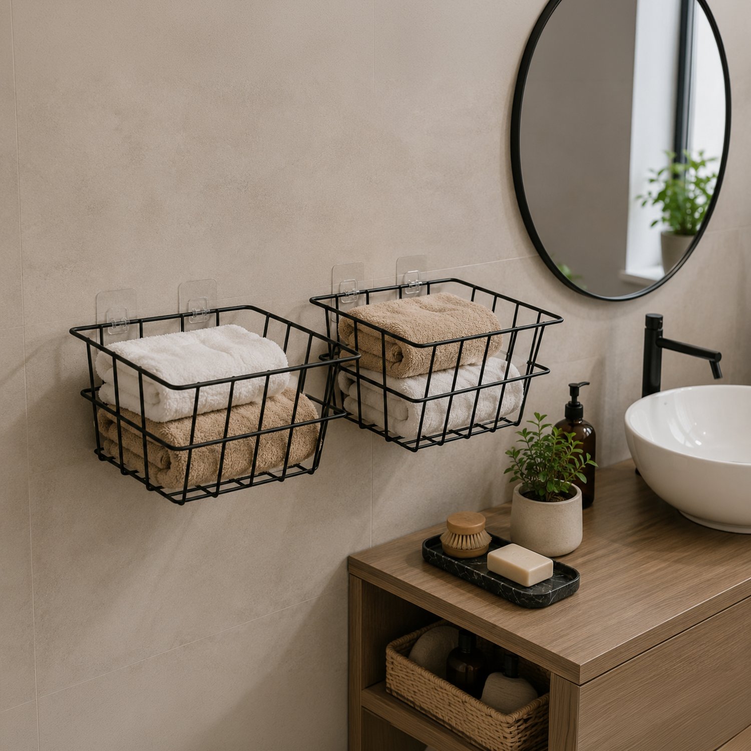 Decorelax 21x21 cm Yapışkanlı Duvar Sepeti 2'li Set - Çok Amaçlı Mutfak Banyo Organizer Avantaj Paketi
