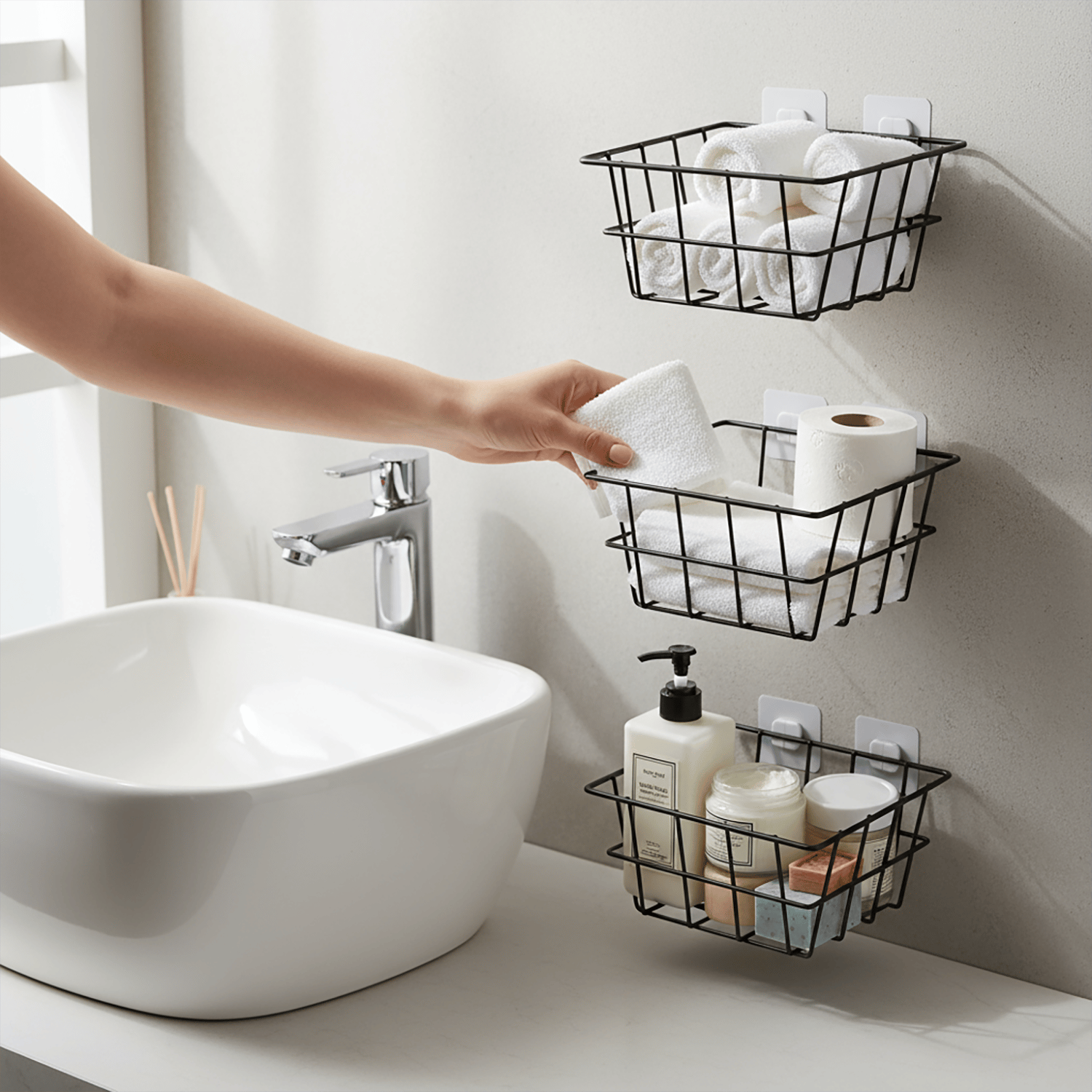 Decorelax 21x21 cm Yapışkanlı Duvar Sepeti 3'lü Set - Ekonomik Ev ve Ofis Düzenleyici Tel Sepet Kombini