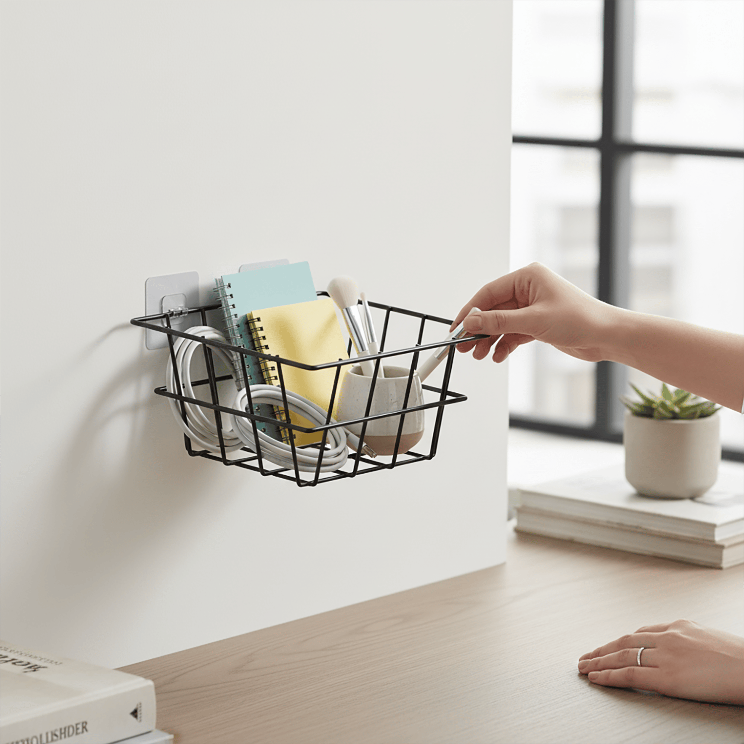 Decorelax 21x21 cm Yapışkanlı Duvar Sepeti Tekli - Mutfak Banyo Çalışma Odası Düzenleyici Metal Sepet Siyah