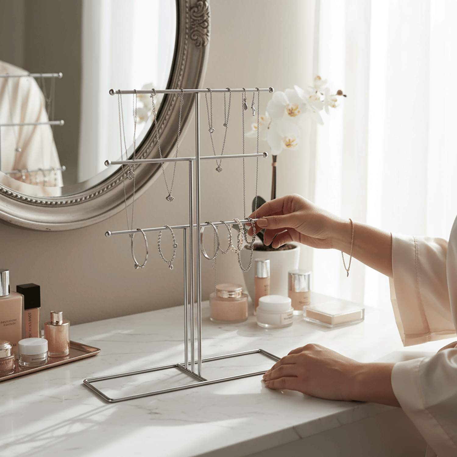 Decorelax Metal Takı Standı Gümüş – Masaüstü Kolye Küpe Bileklik Askısı Yüzük Düzenleyici Organizer (Model 3)