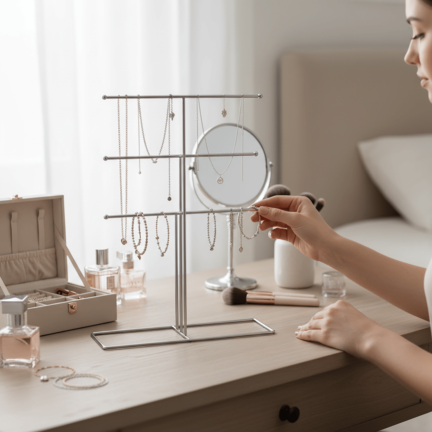 Decorelax Metal Takı Standı Gümüş – Masaüstü Kolye Küpe Bileklik Askısı Yüzük Düzenleyici Organizer (Model 3)