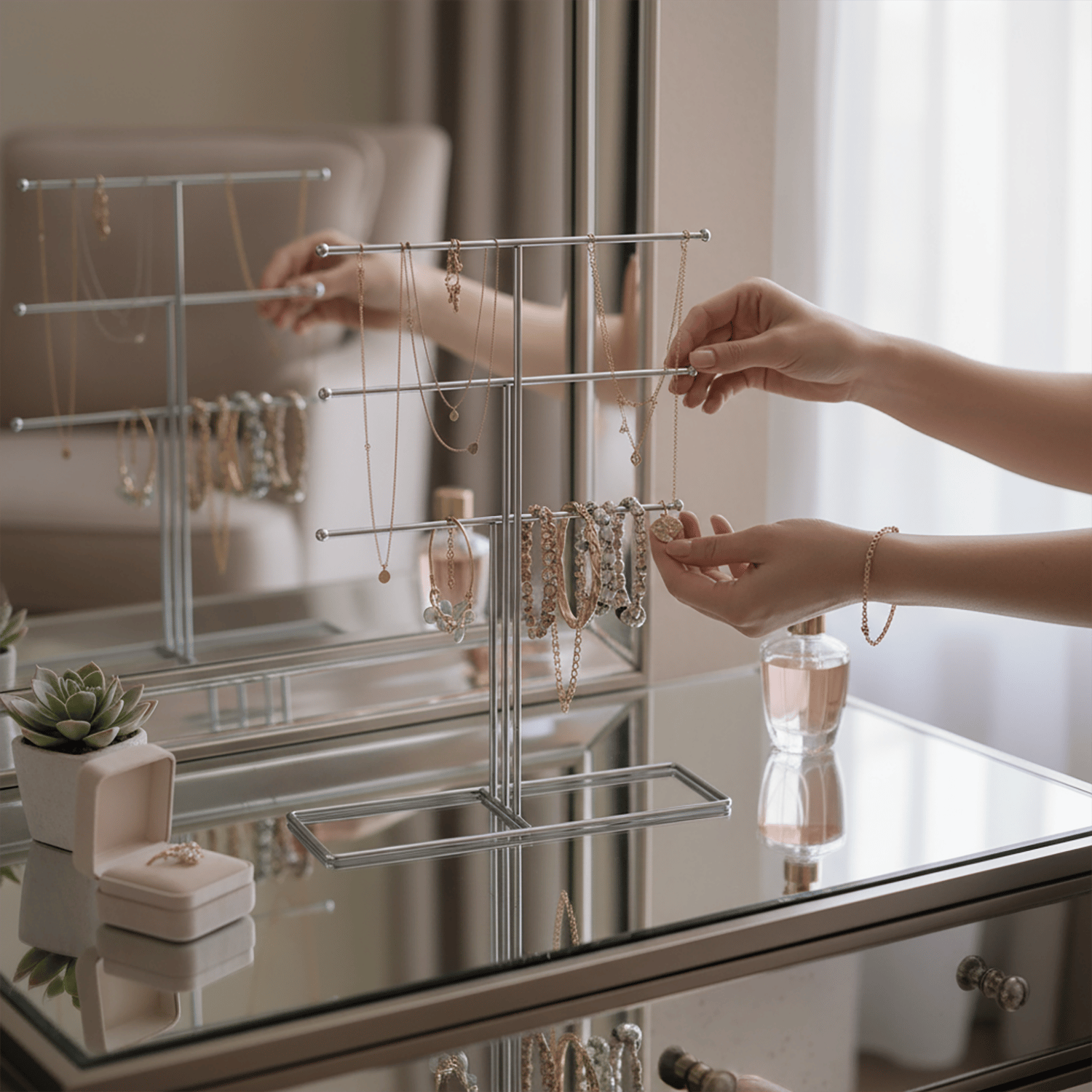 Decorelax Metal Takı Standı Gümüş – Masaüstü Kolye Küpe Bileklik Askısı Yüzük Düzenleyici Organizer (Model 3)