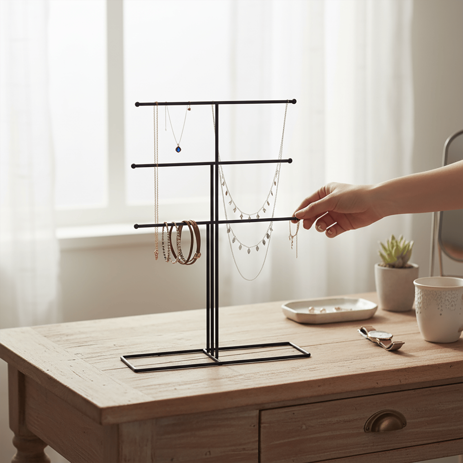 Decorelax Metal Takı Standı Siyah – Masaüstü Kolye Küpe Bileklik Askısı Yüzük Düzenleyici Organizer (Model 3)