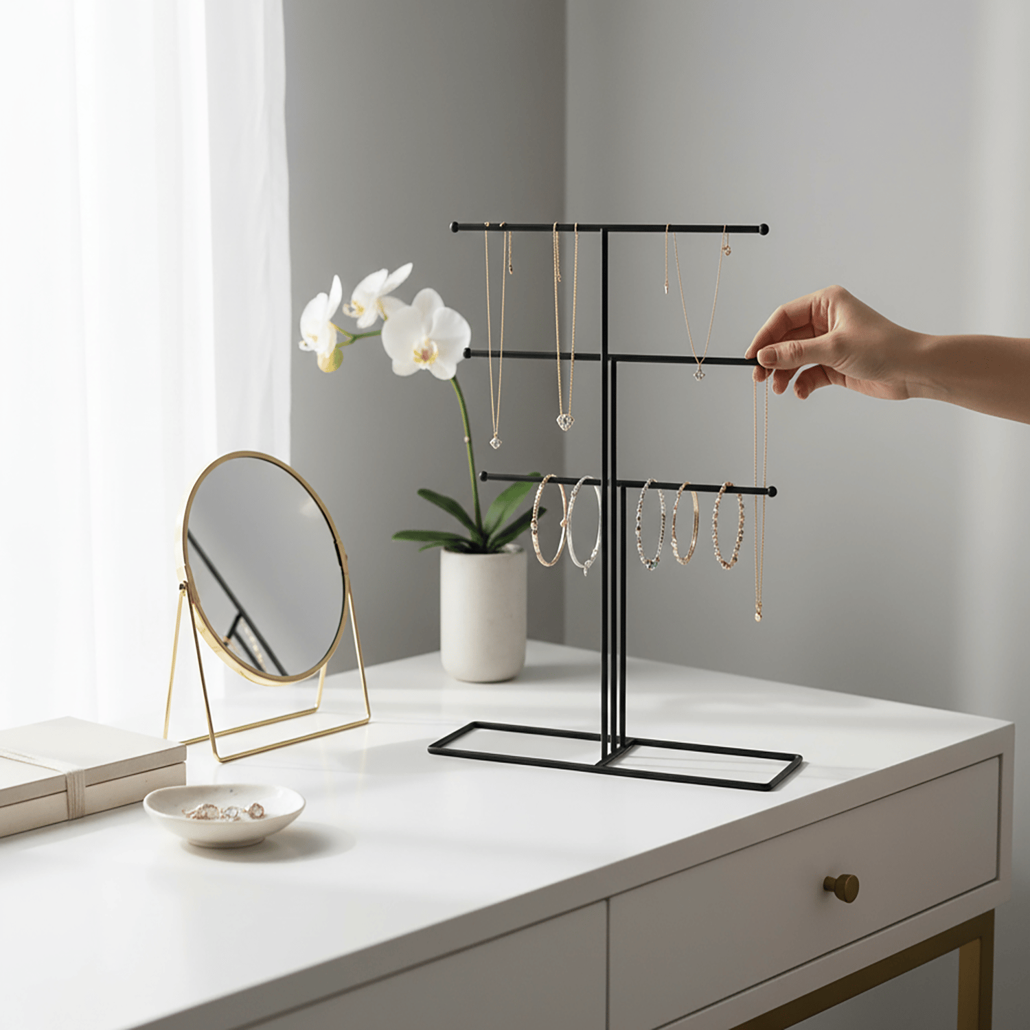 Decorelax Metal Takı Standı Siyah – Masaüstü Kolye Küpe Bileklik Askısı Yüzük Düzenleyici Organizer (Model 3)