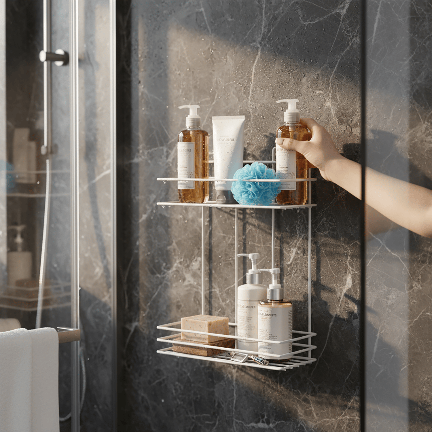 Decorelax Yapışkanlı 2 Katlı Banyo Rafı Duş Şampuanlık - Delmesiz Beyaz Dikdörtgen Banyo Organizeri