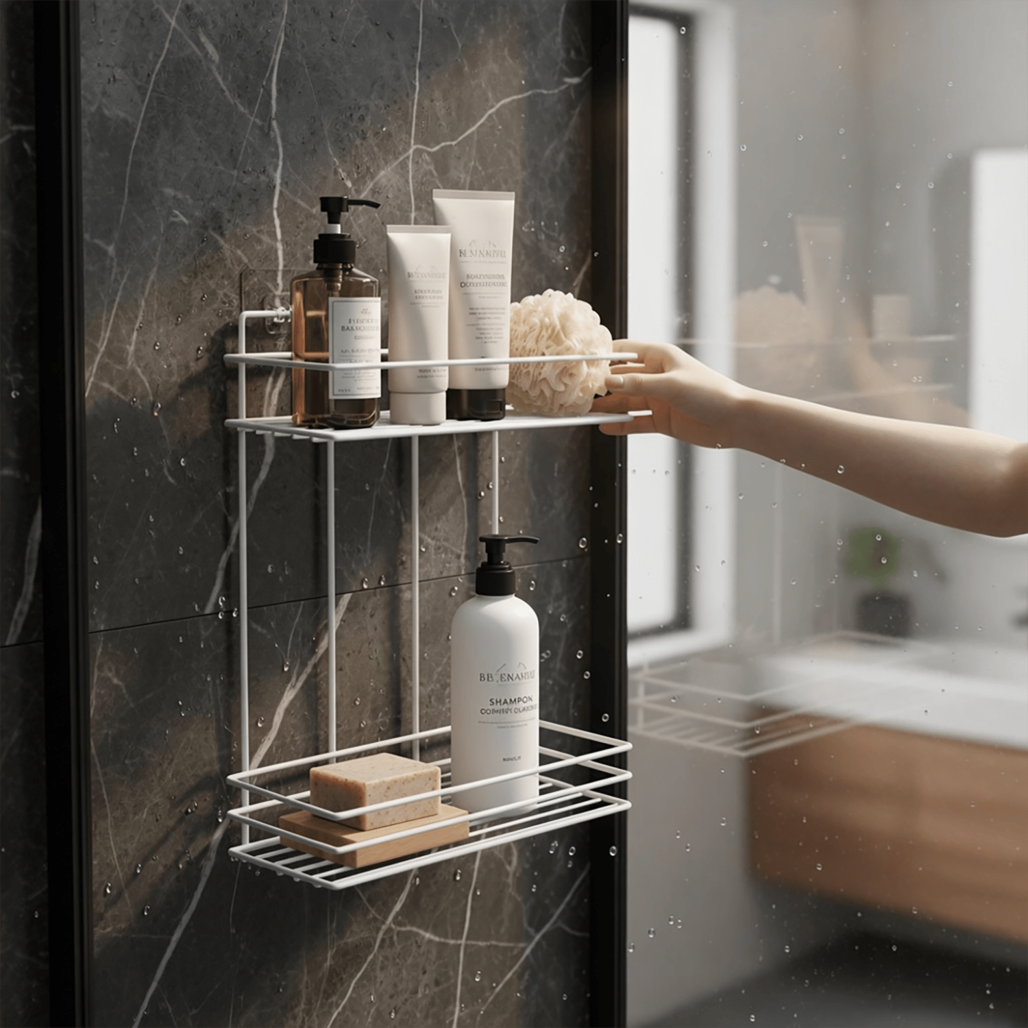Decorelax Yapışkanlı 2 Katlı Banyo Rafı Duş Şampuanlık - Delmesiz Beyaz Dikdörtgen Banyo Organizeri
