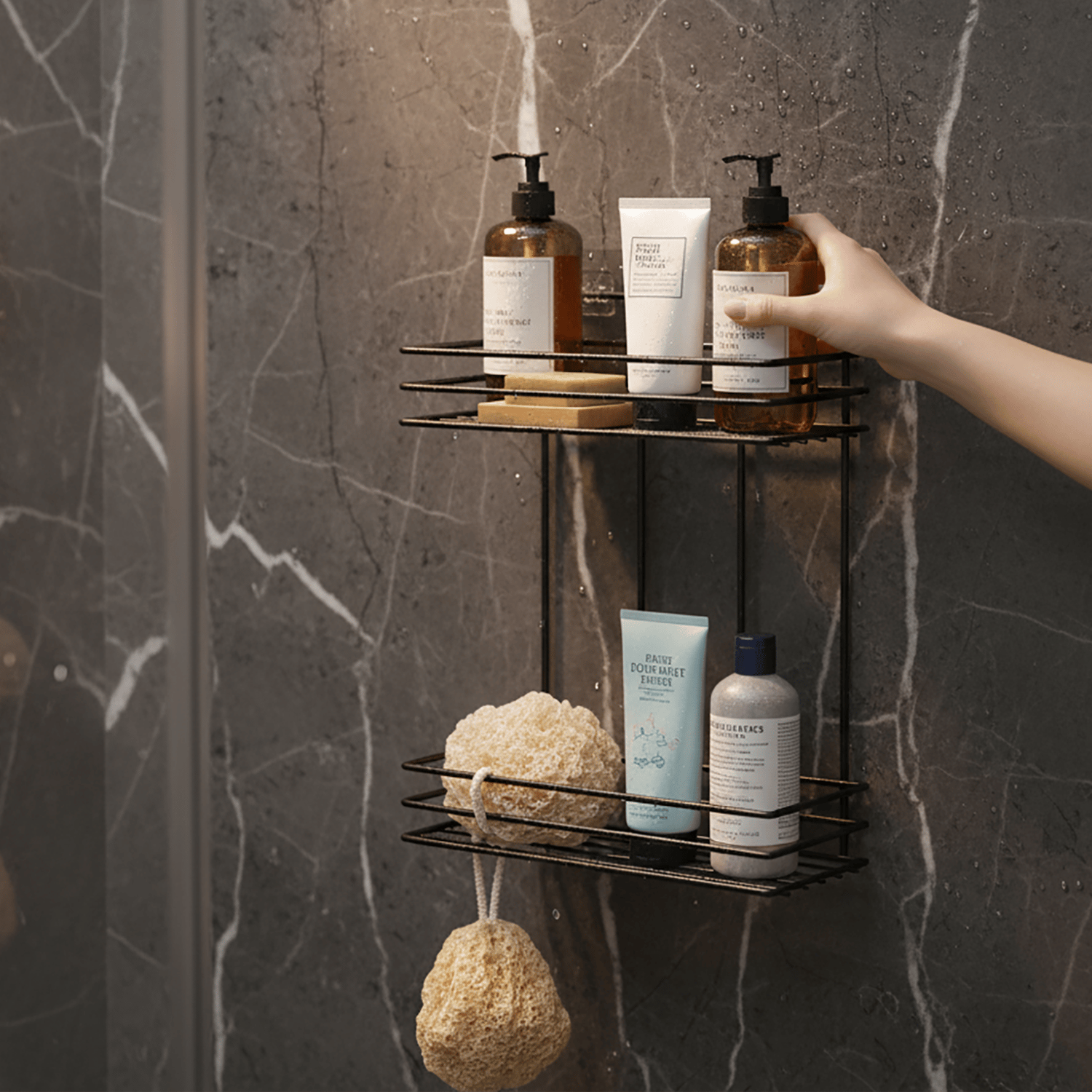 Decorelax Yapışkanlı 2 Katlı Banyo Rafı Duş Şampuanlık - Delmesiz Siyah Dikdörtgen Banyo Organizeri