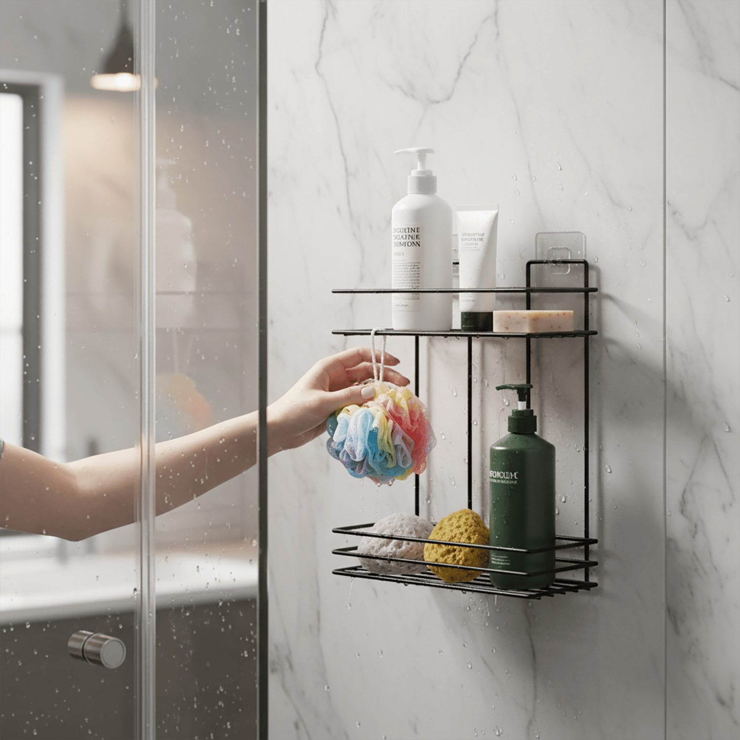 Decorelax Yapışkanlı 2 Katlı Banyo Rafı Duş Şampuanlık - Delmesiz Siyah Dikdörtgen Banyo Organizeri
