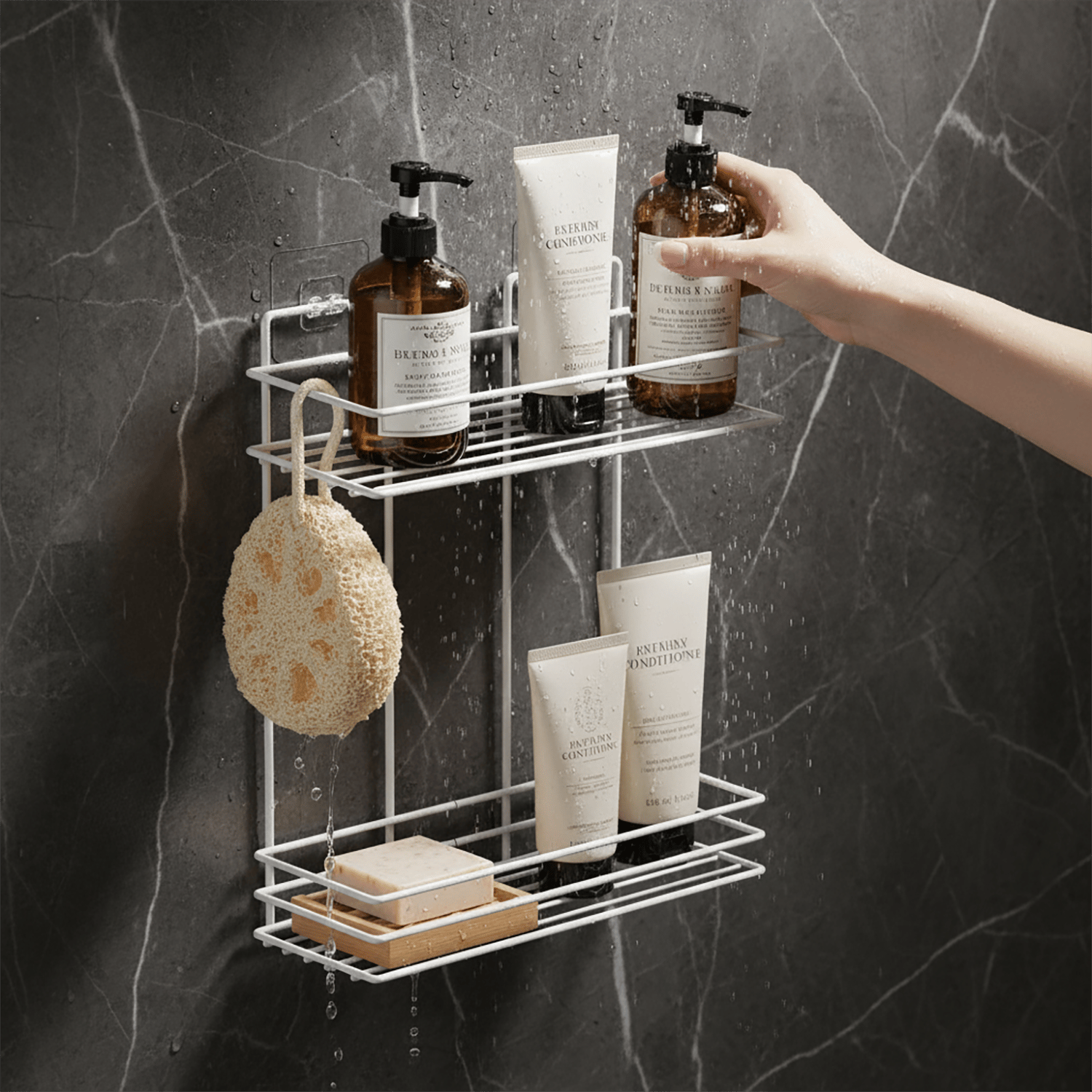 Decorelax Yapışkanlı 2 Katlı Banyo Rafı Duş Şampuanlık - Delmesiz Beyaz Dikdörtgen Banyo Organizeri