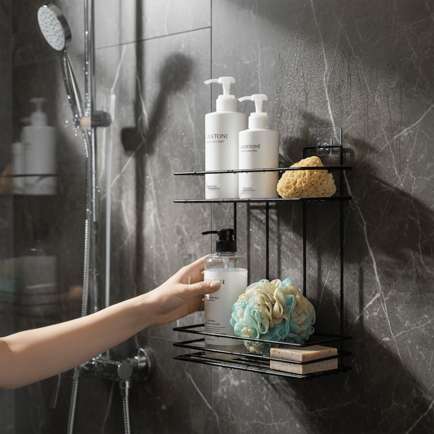 Decorelax Yapışkanlı 2 Katlı Banyo Rafı Duş Şampuanlık - Delmesiz Siyah Dikdörtgen Banyo Organizeri
