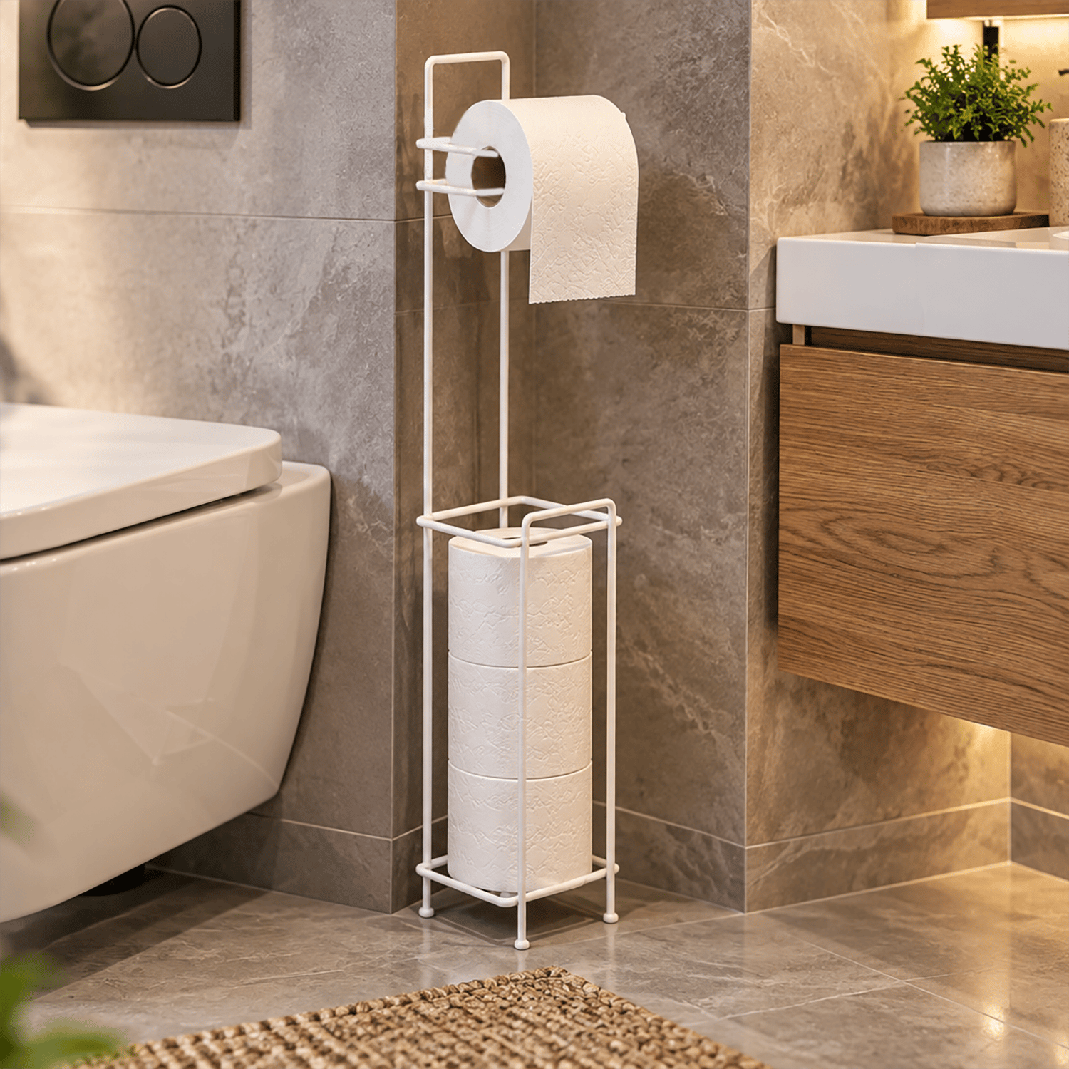 Decorelax Yedekli Metal Tuvalet Kağıtlığı Standı Beyaz - WC Kağıtlık Tutucu Banyo Aksesuarı