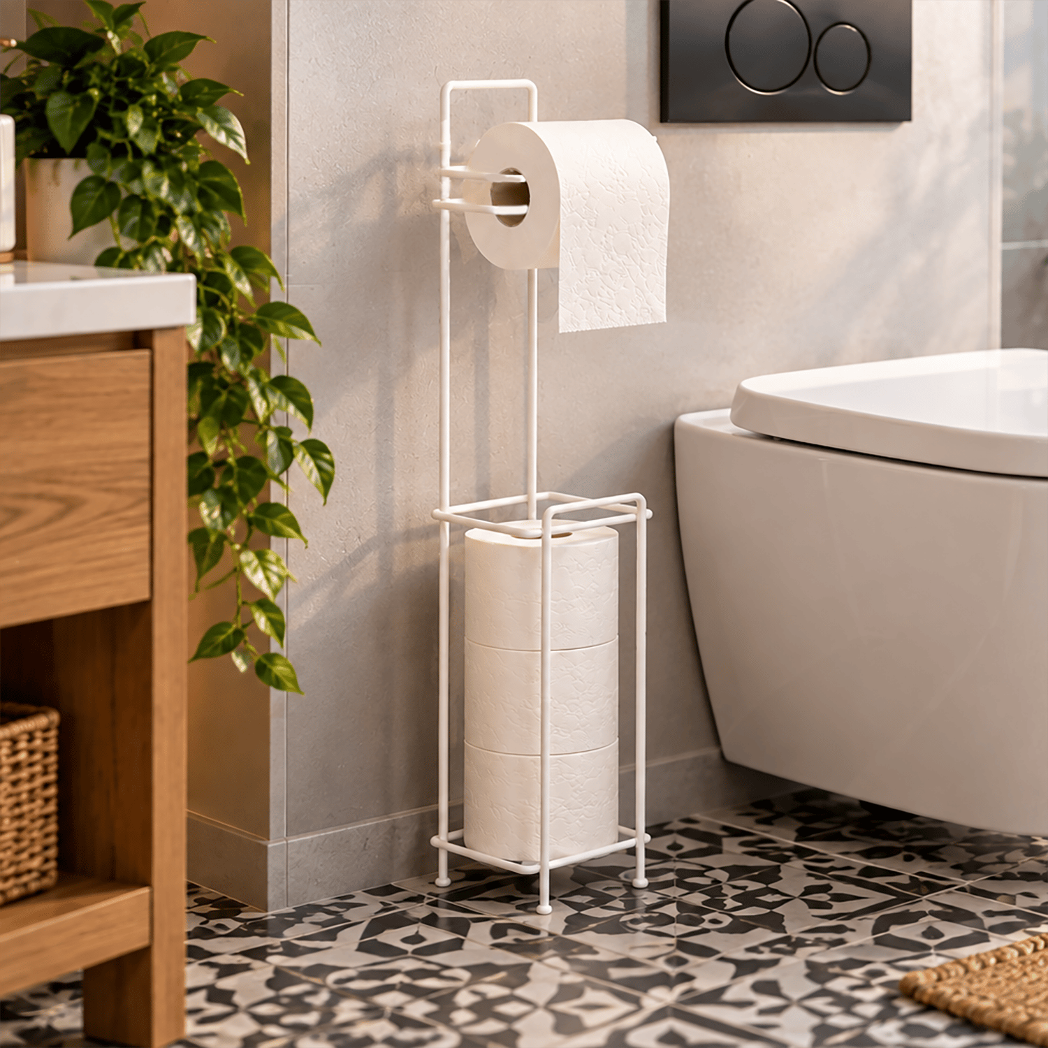 Decorelax Yedekli Metal Tuvalet Kağıtlığı Standı Beyaz - WC Kağıtlık Tutucu Banyo Aksesuarı