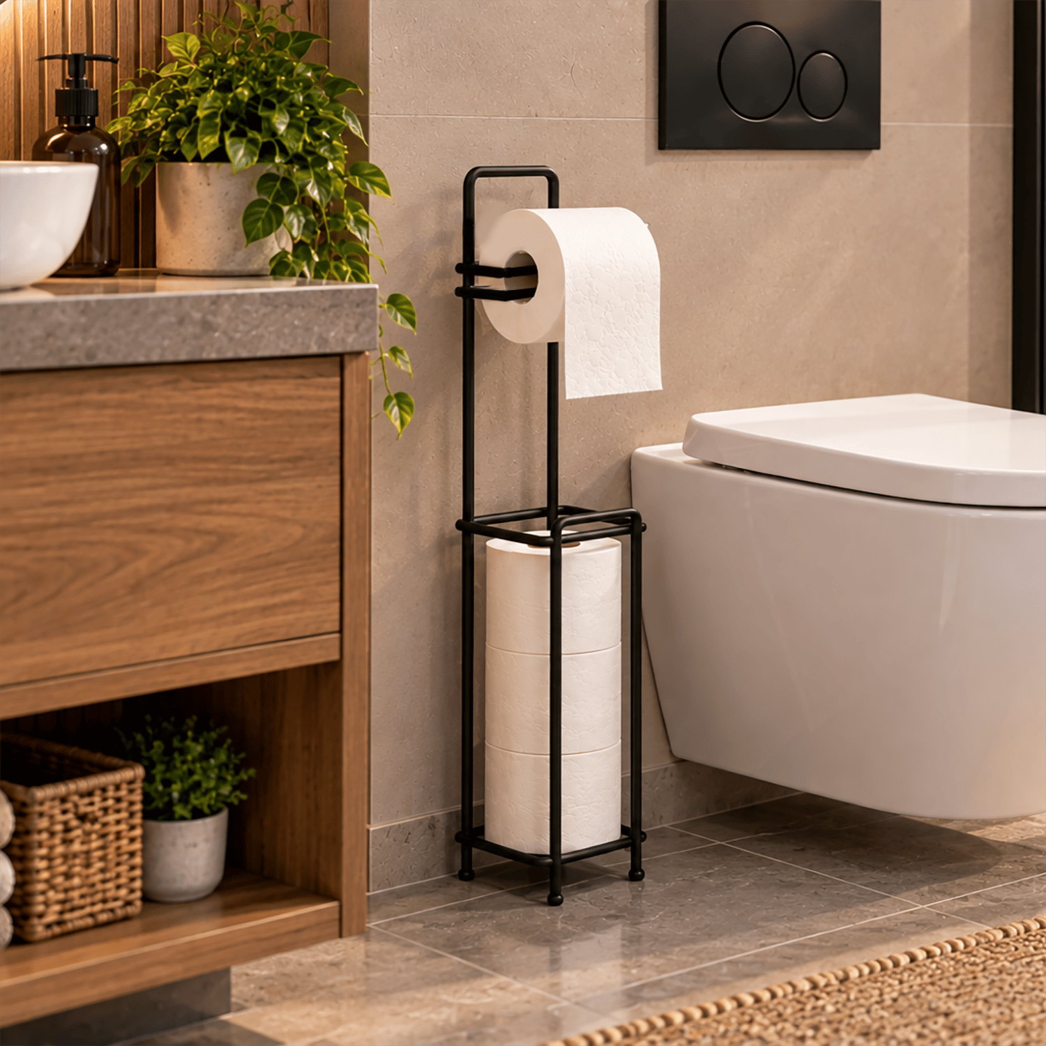 Decorelax Yedekli Metal Tuvalet Kağıtlığı Standı Siyah - WC Kağıtlık Tutucu Banyo Aksesuarı