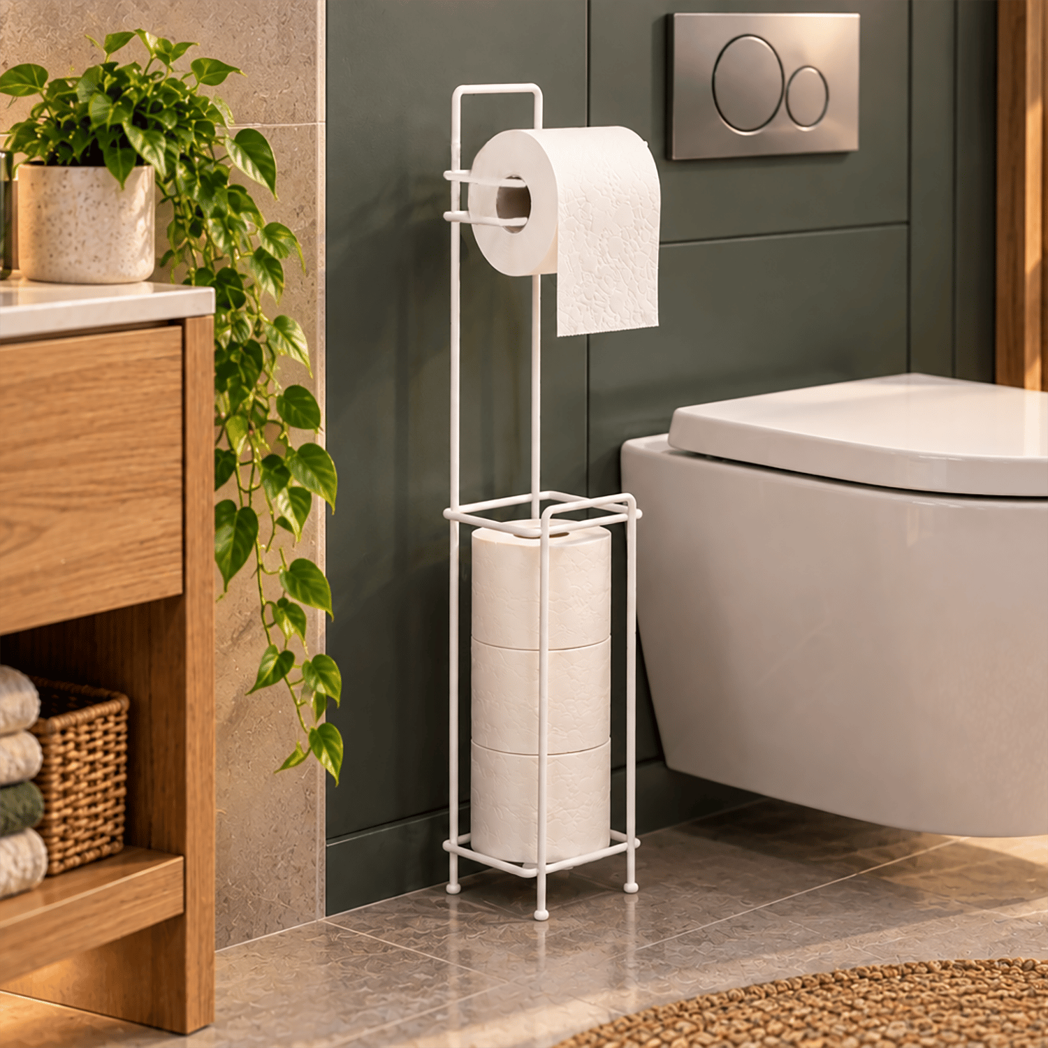 Decorelax Yedekli Metal Tuvalet Kağıtlığı Standı Beyaz - WC Kağıtlık Tutucu Banyo Aksesuarı
