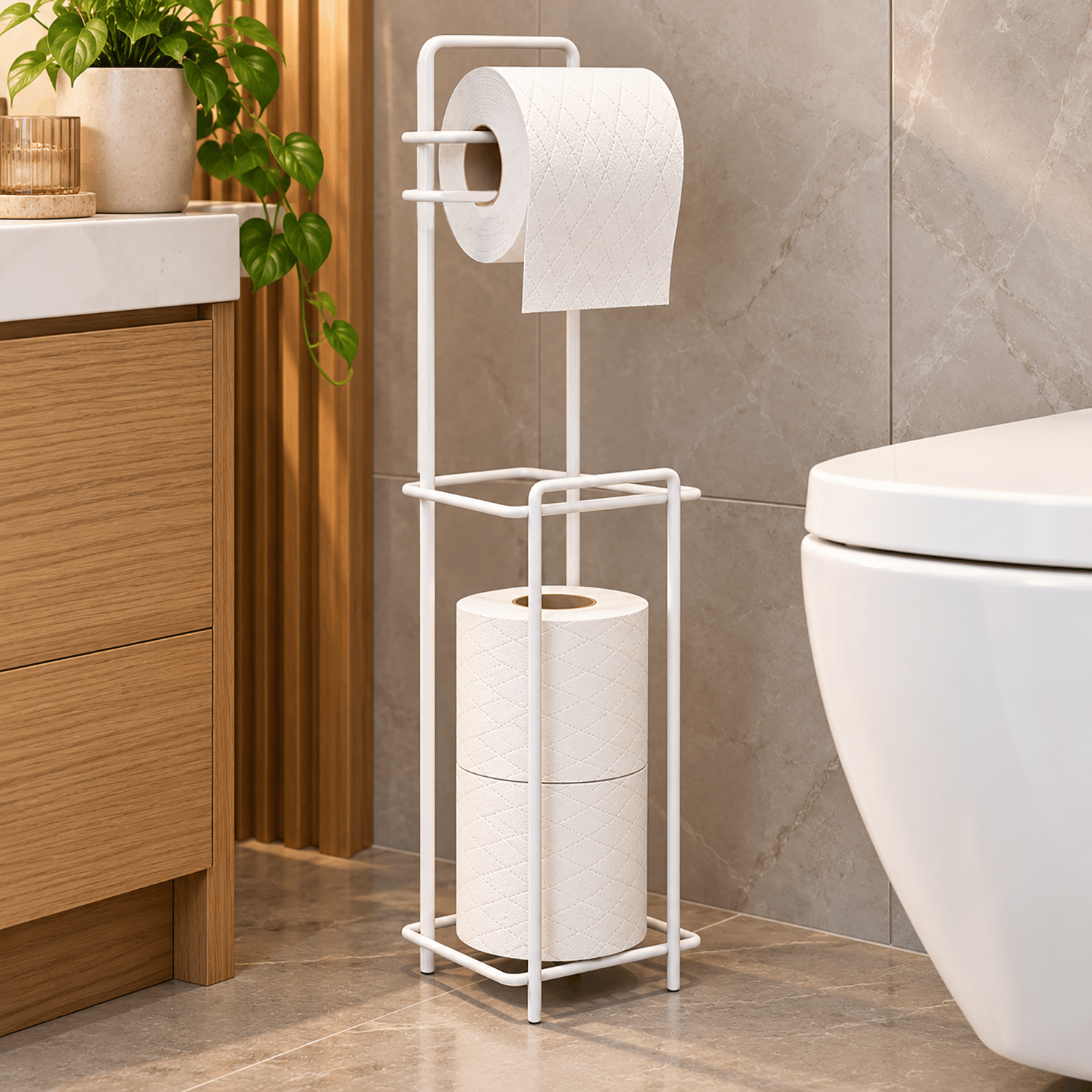 Decorelax Yedekli Metal Tuvalet Kağıtlığı Standı Beyaz - WC Kağıtlık Tutucu Banyo Aksesuarı