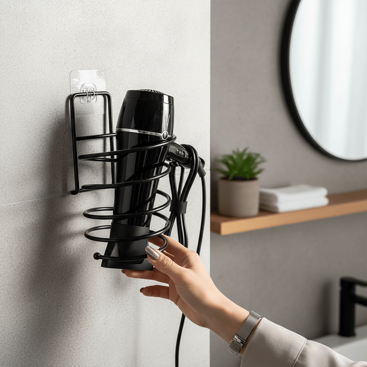 Kendinden Yapışkanlı Saç Kurutma Makinesi Tutucu ve Askılığı -Siyah