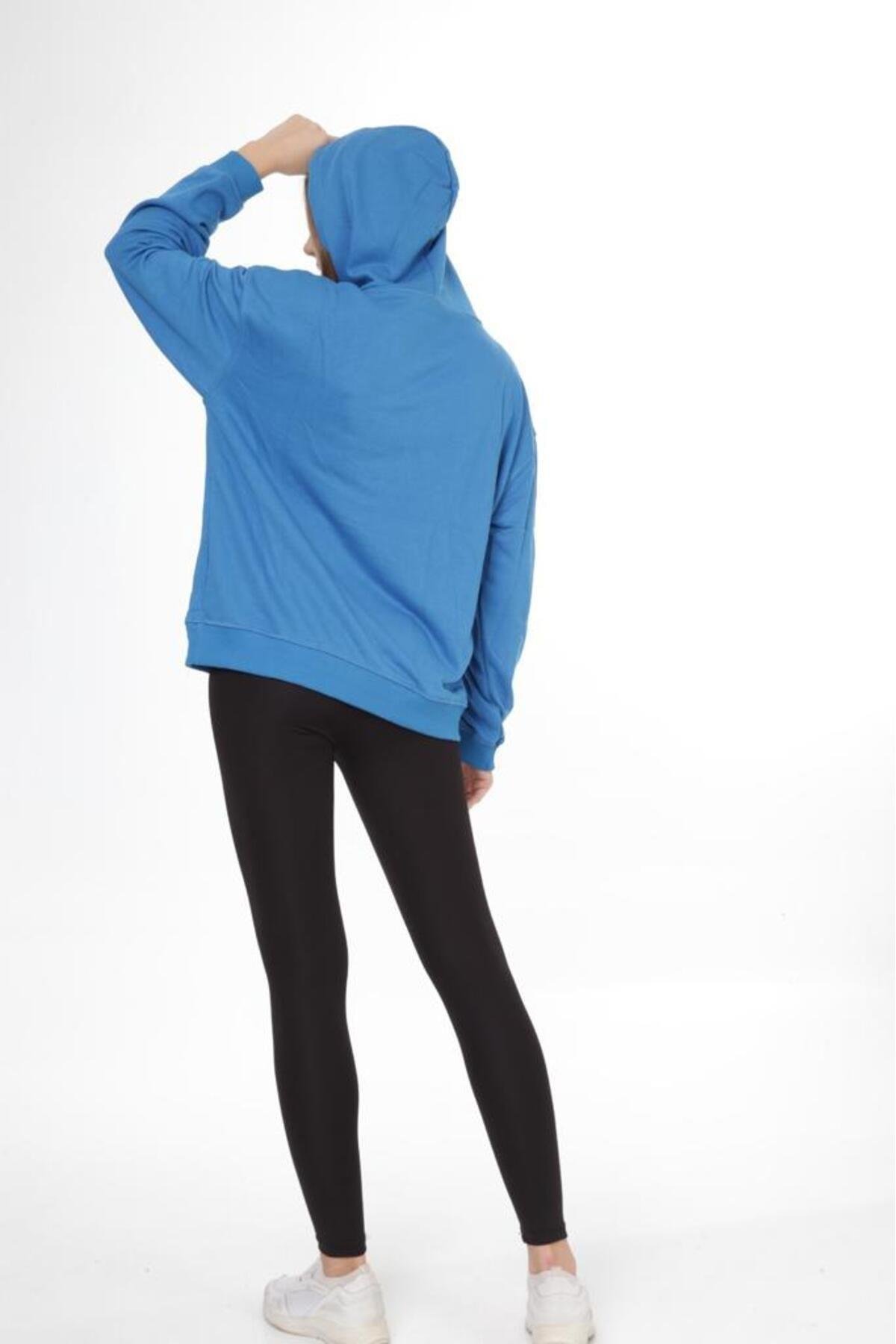 % 100 Pamuk Kadın Soft Mavi Basic 3 iplik oversize kapüşonlu kangru cepli sweatshirt