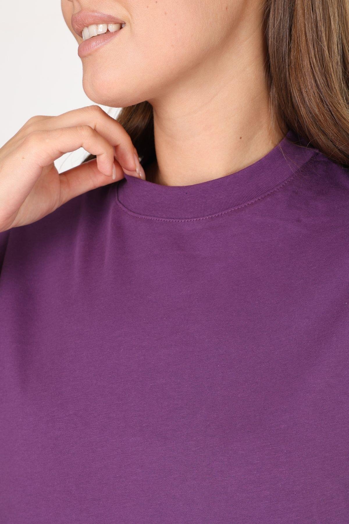 %100 Organik Pamuk Kadın Mor Basic Ribana'lı Dik Yaka Örme T-shirt Yarım Balıkçı