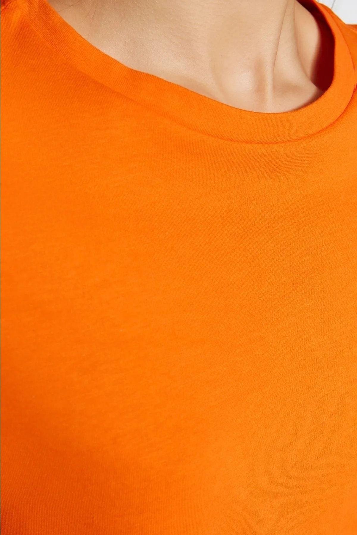 %100 Pamuk Oranj Süper Kalite Kadın Tişört Bisiklet Yaka Organik Pamuk Penye T-shirt Turuncu Orange