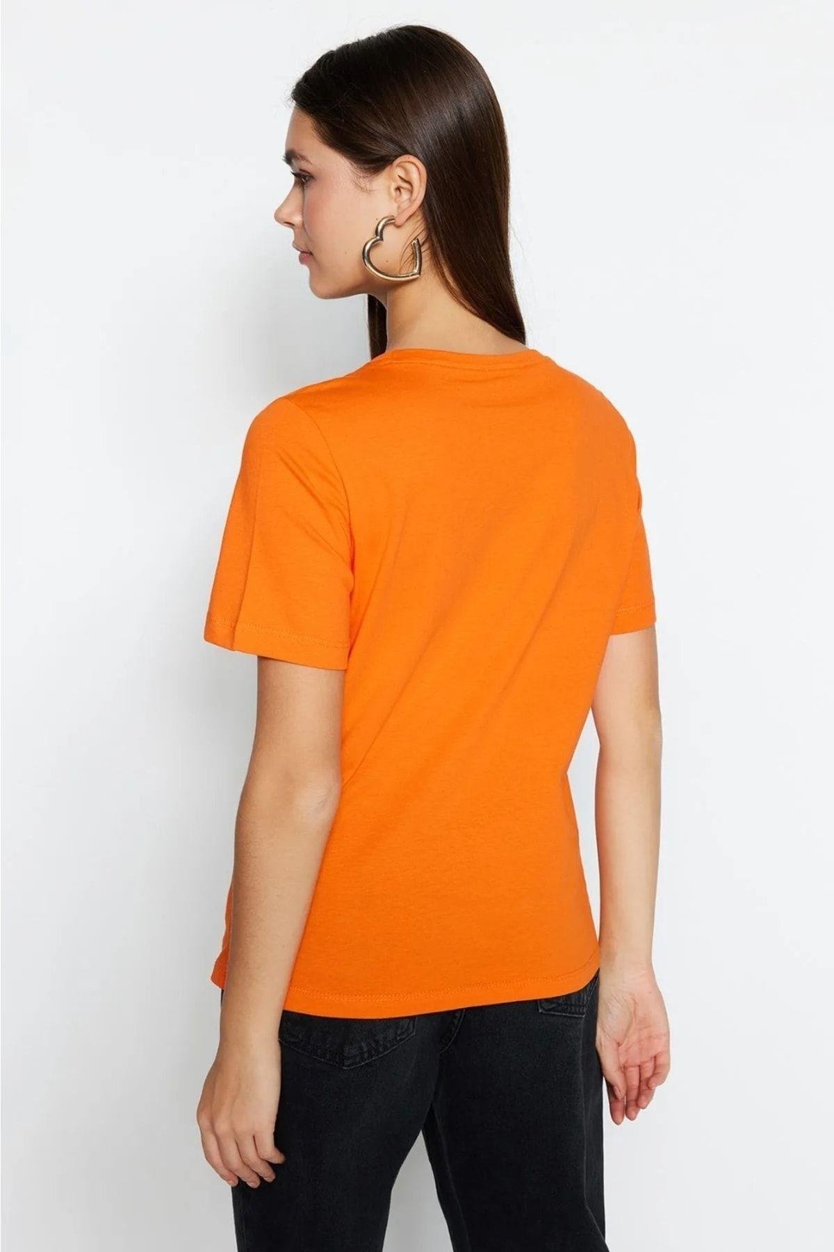 %100 Pamuk Oranj Süper Kalite Kadın Tişört Bisiklet Yaka Organik Pamuk Penye T-shirt Turuncu Orange